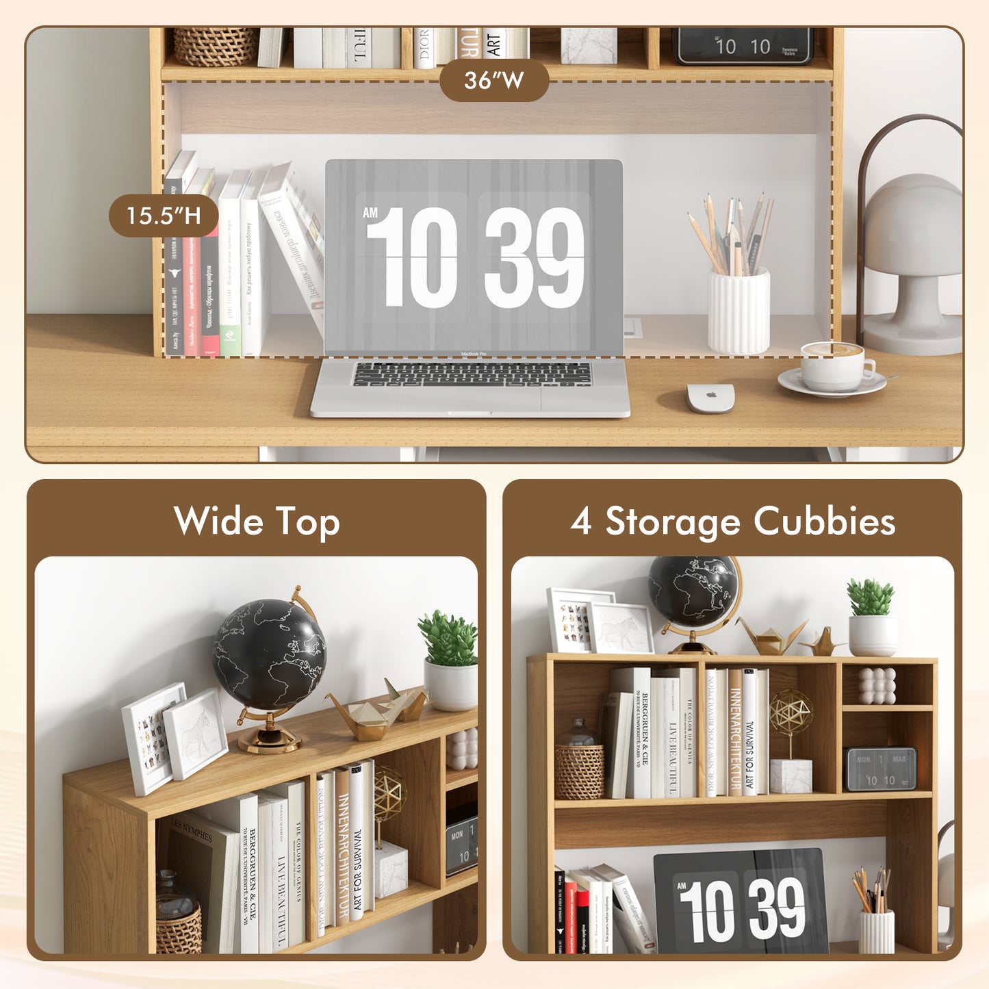 Computer Desktop Bookcase with 4 Cubbies and Open Back Compartment-Natural Kids Crystal