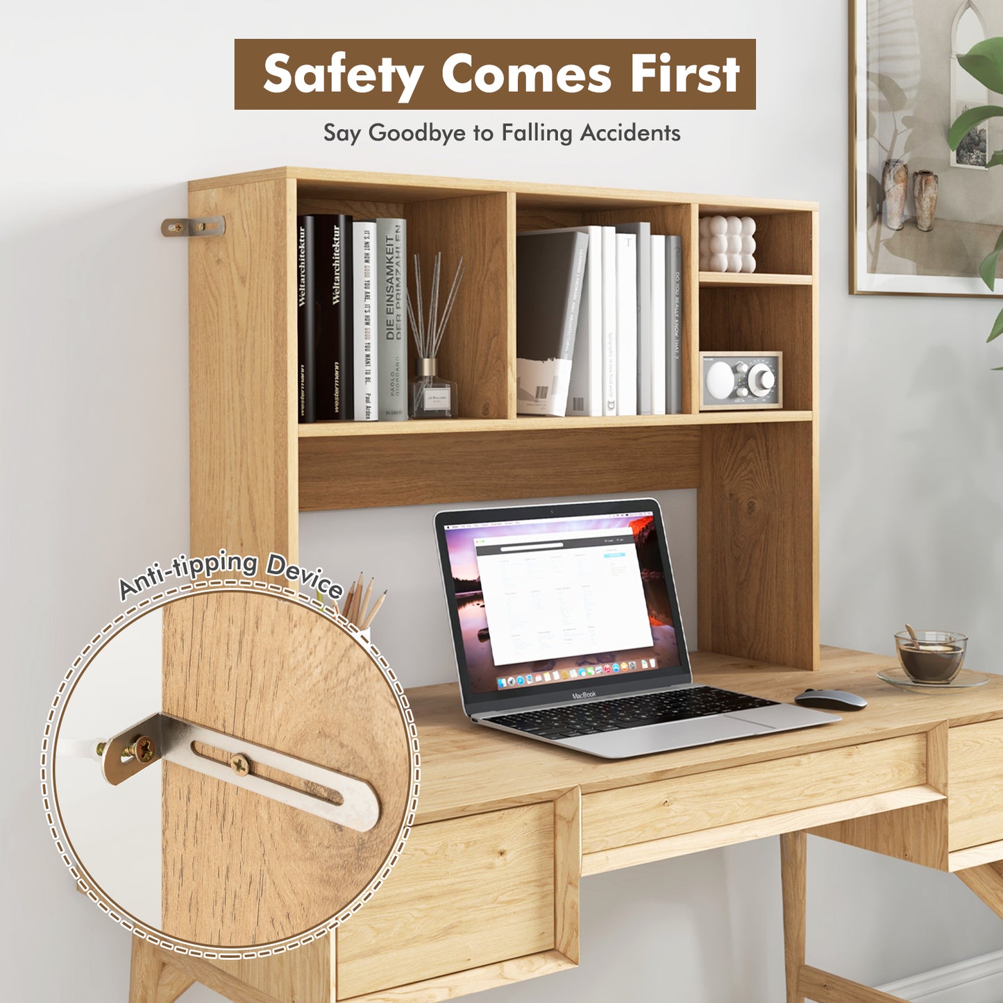 Computer Desktop Bookcase with 4 Cubbies and Open Back Compartment-Natural Kids Crystal