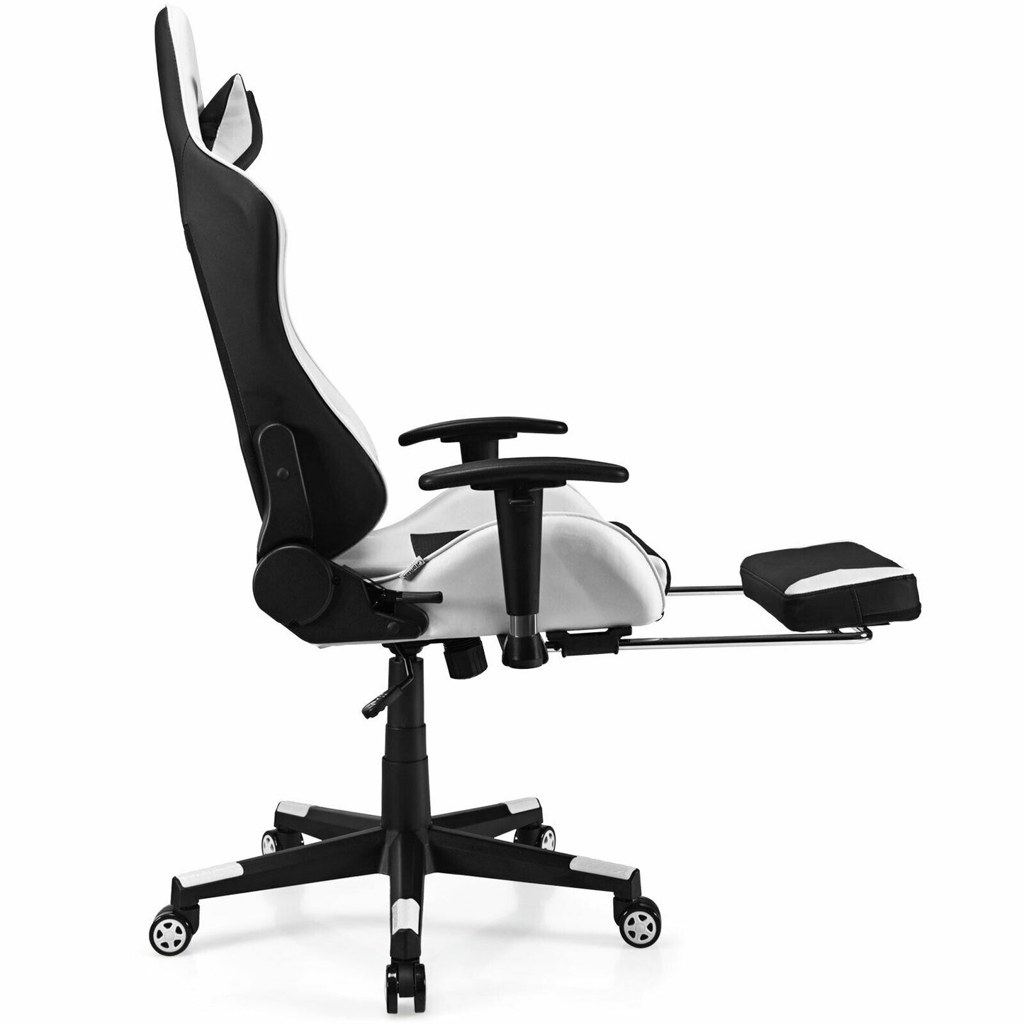 PU Leather Gaming Chair with USB Massage Lumbar Pillow and Footrest-White Kids Crystal