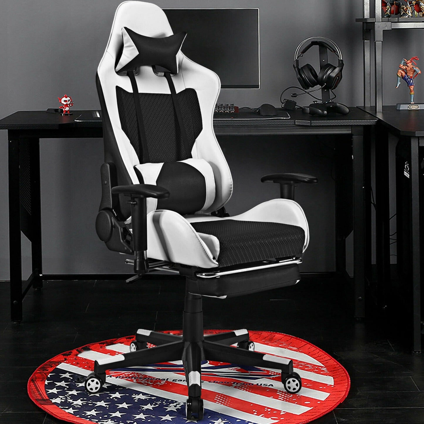 PU Leather Gaming Chair with USB Massage Lumbar Pillow and Footrest-White Kids Crystal