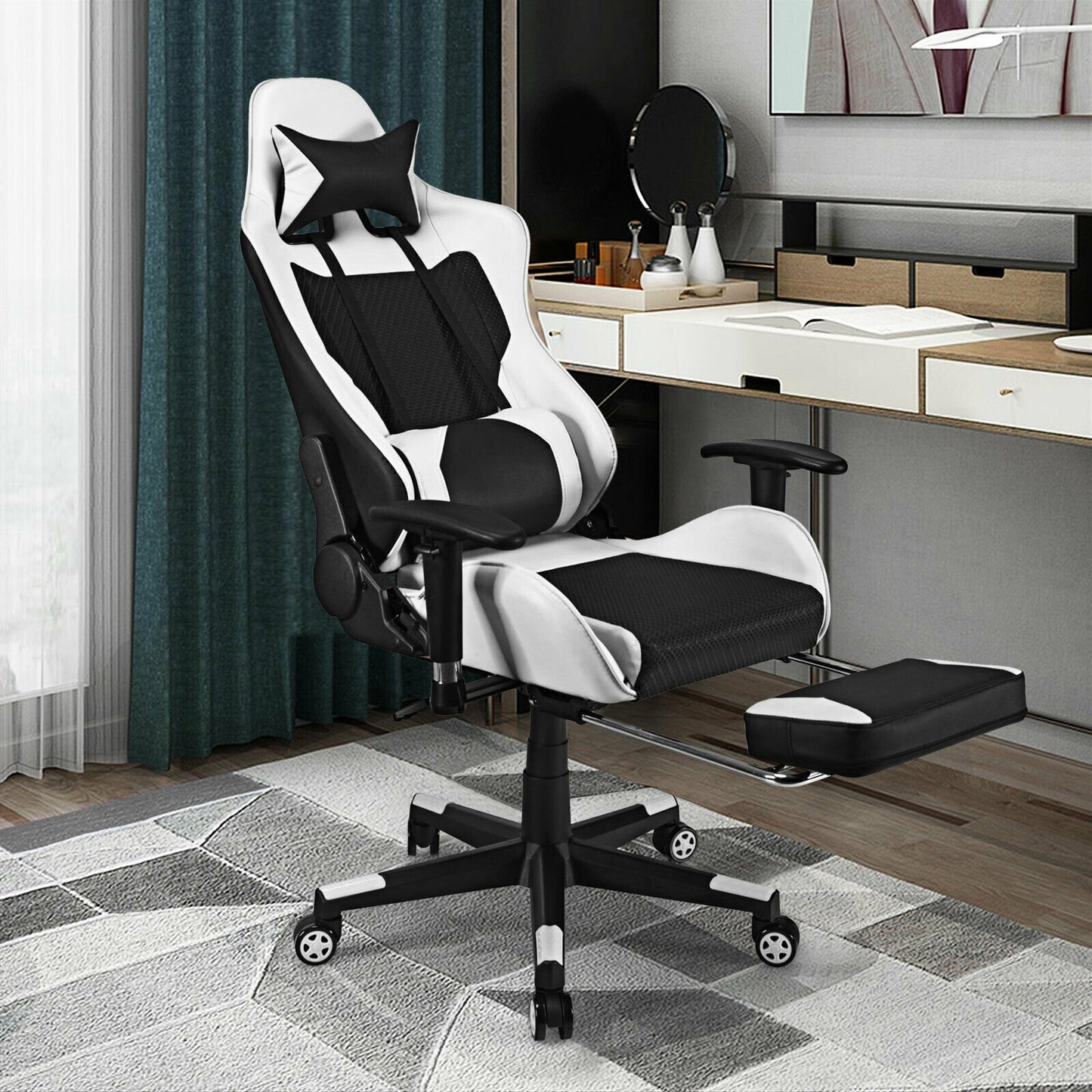 PU Leather Gaming Chair with USB Massage Lumbar Pillow and Footrest-White Kids Crystal