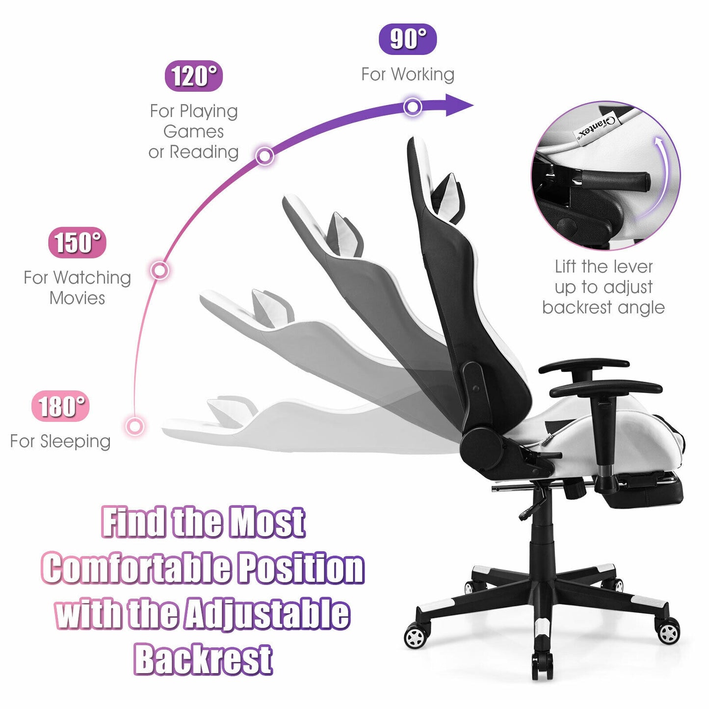 PU Leather Gaming Chair with USB Massage Lumbar Pillow and Footrest-White Kids Crystal