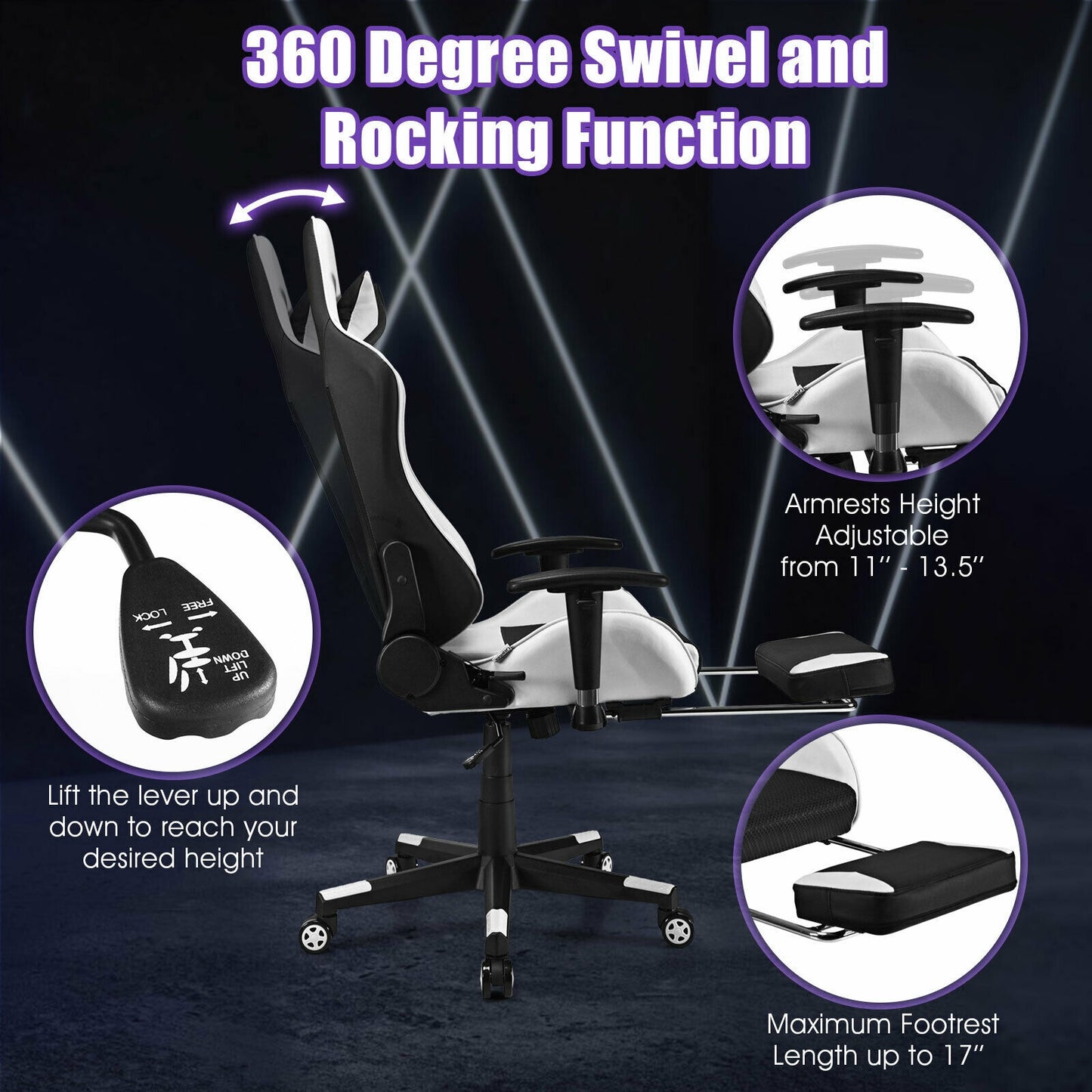 PU Leather Gaming Chair with USB Massage Lumbar Pillow and Footrest-White Kids Crystal