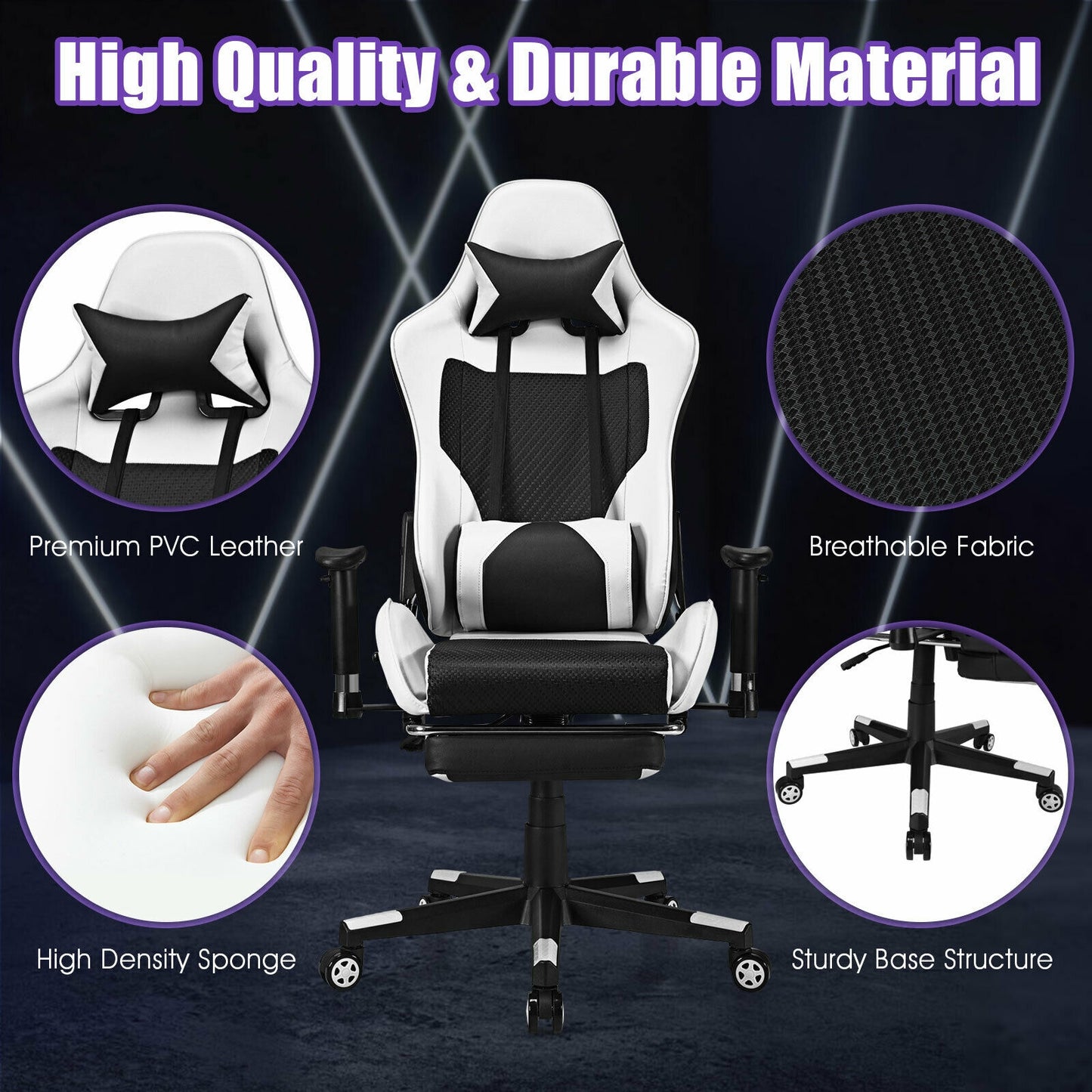PU Leather Gaming Chair with USB Massage Lumbar Pillow and Footrest-White Kids Crystal