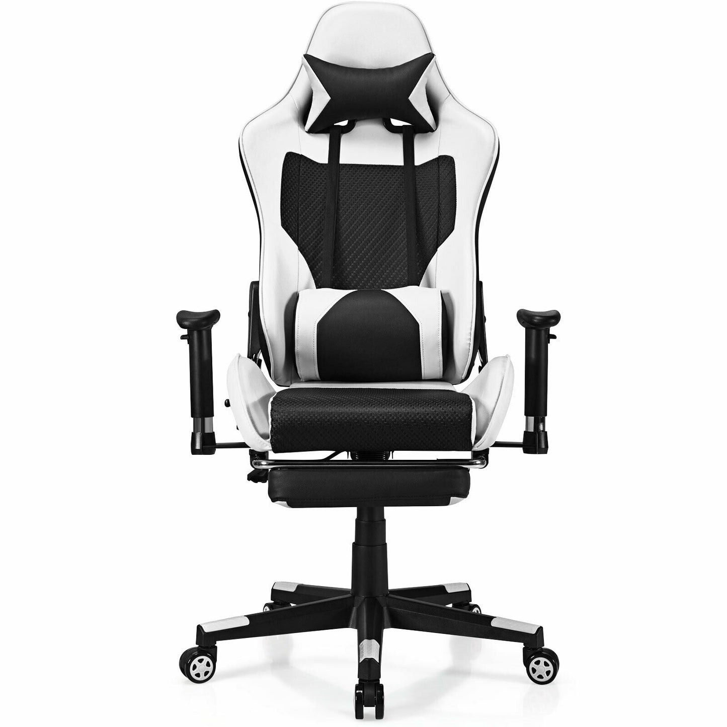 PU Leather Gaming Chair with USB Massage Lumbar Pillow and Footrest-White Kids Crystal