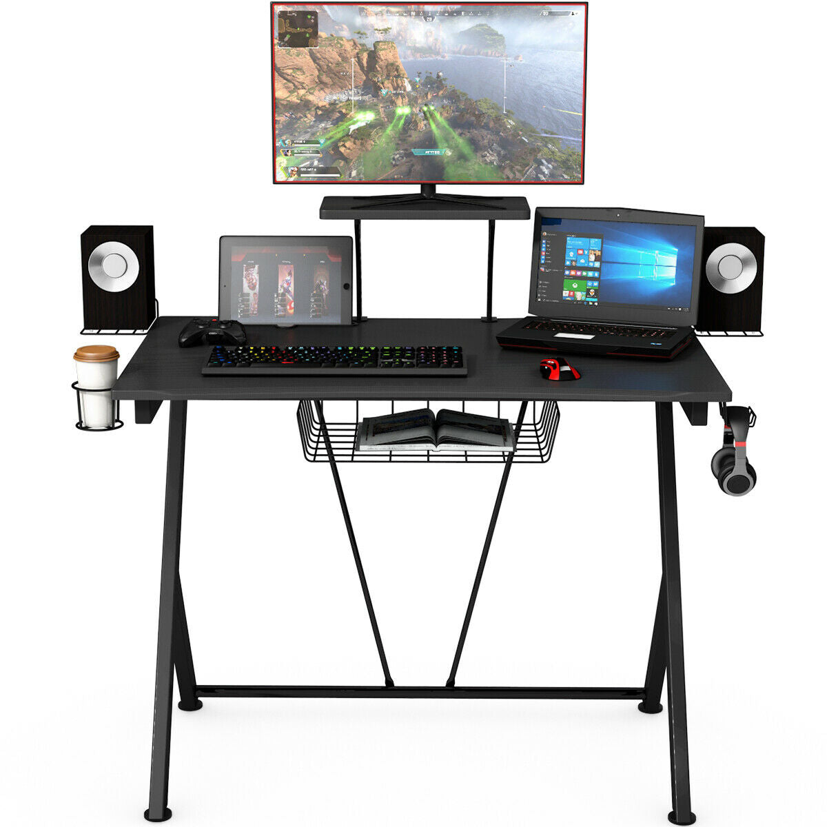 Multifunctional E-Sport Gaming Desk with Headset Hook and Cup Holder Kids Crystal