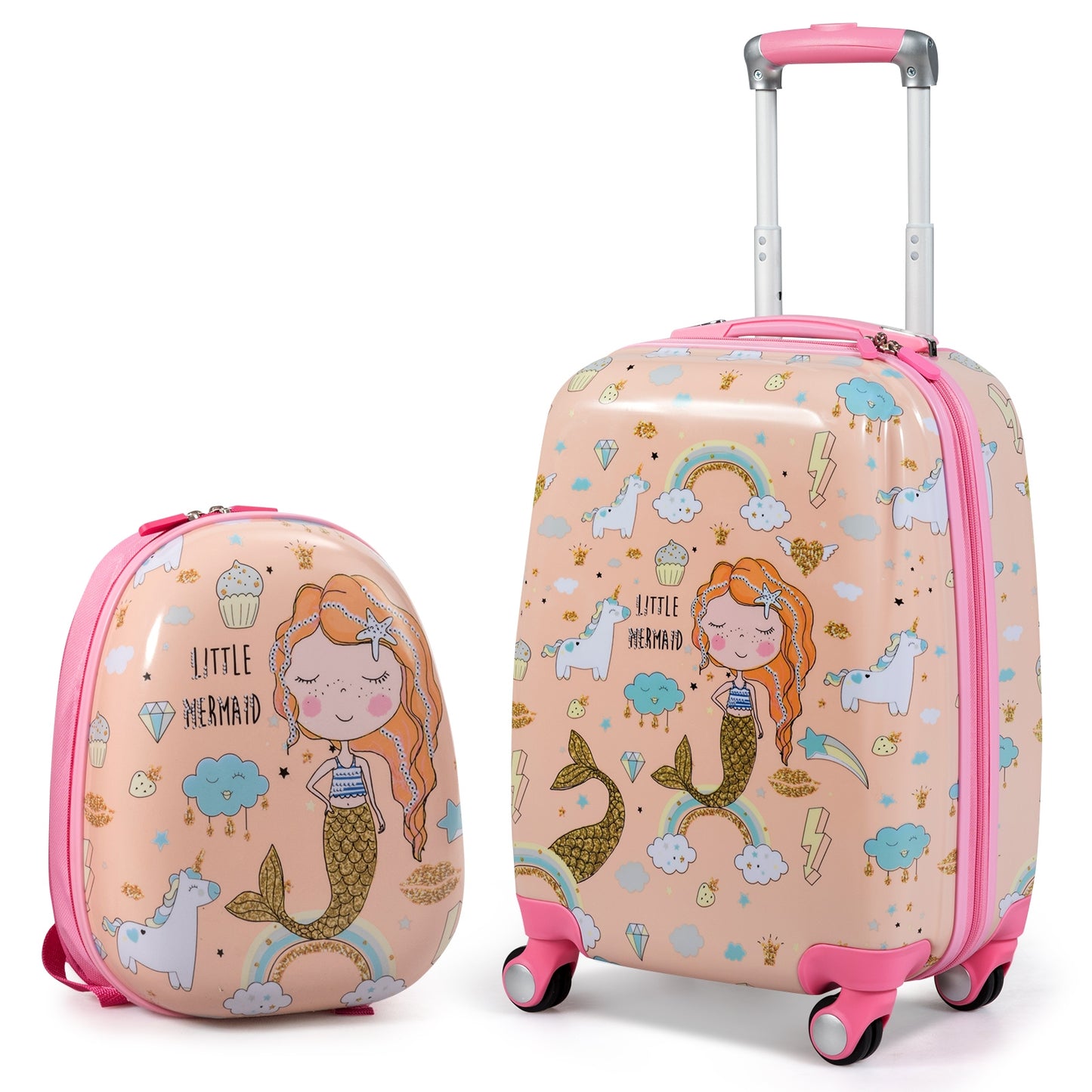 2 Pieces Kids Luggage Set Rolling Suitcase and Backpack-Pink Kids Crystal