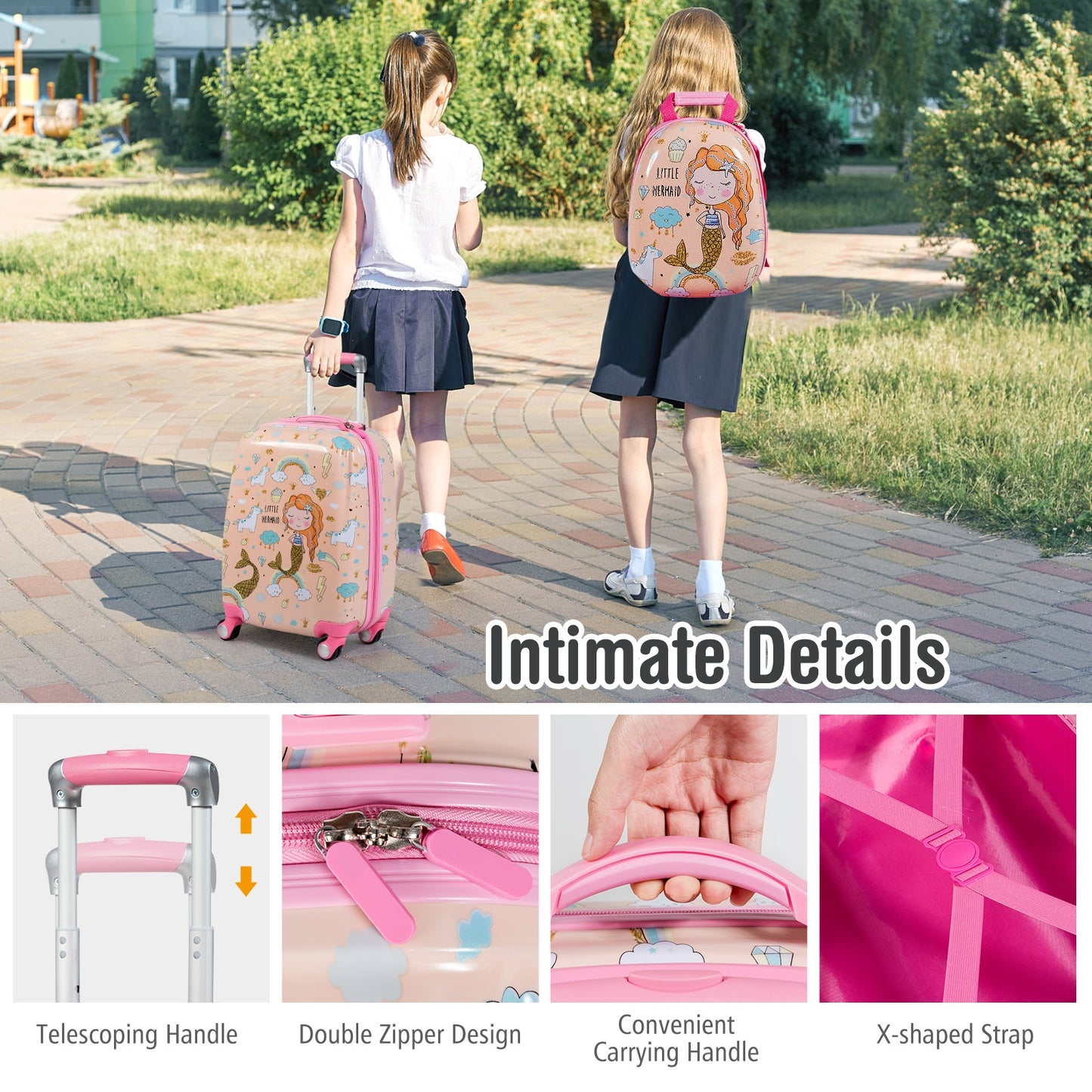 2 Pieces Kids Luggage Set Rolling Suitcase and Backpack-Pink Kids Crystal