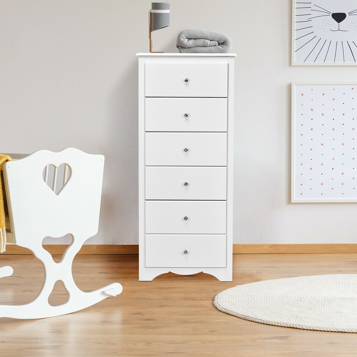 6 Drawers Chest Dresser Clothes Storage Bedroom Furniture Cabinet-White Kids Crystal