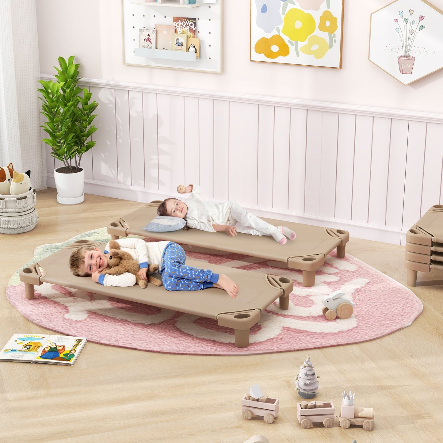 Kids Stackable Daycare Cot Pack of 6 with Detachable Oxford Cloth-Beige Kids Crystal