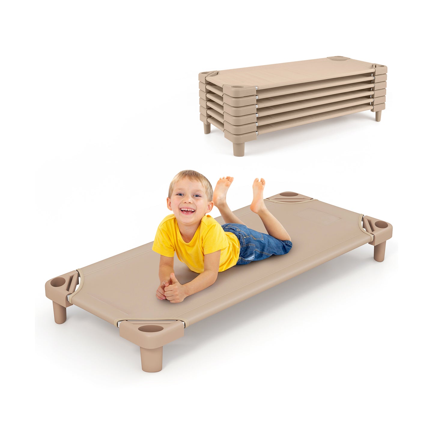 Kids Stackable Daycare Cot Pack of 6 with Detachable Oxford Cloth-Beige Kids Crystal