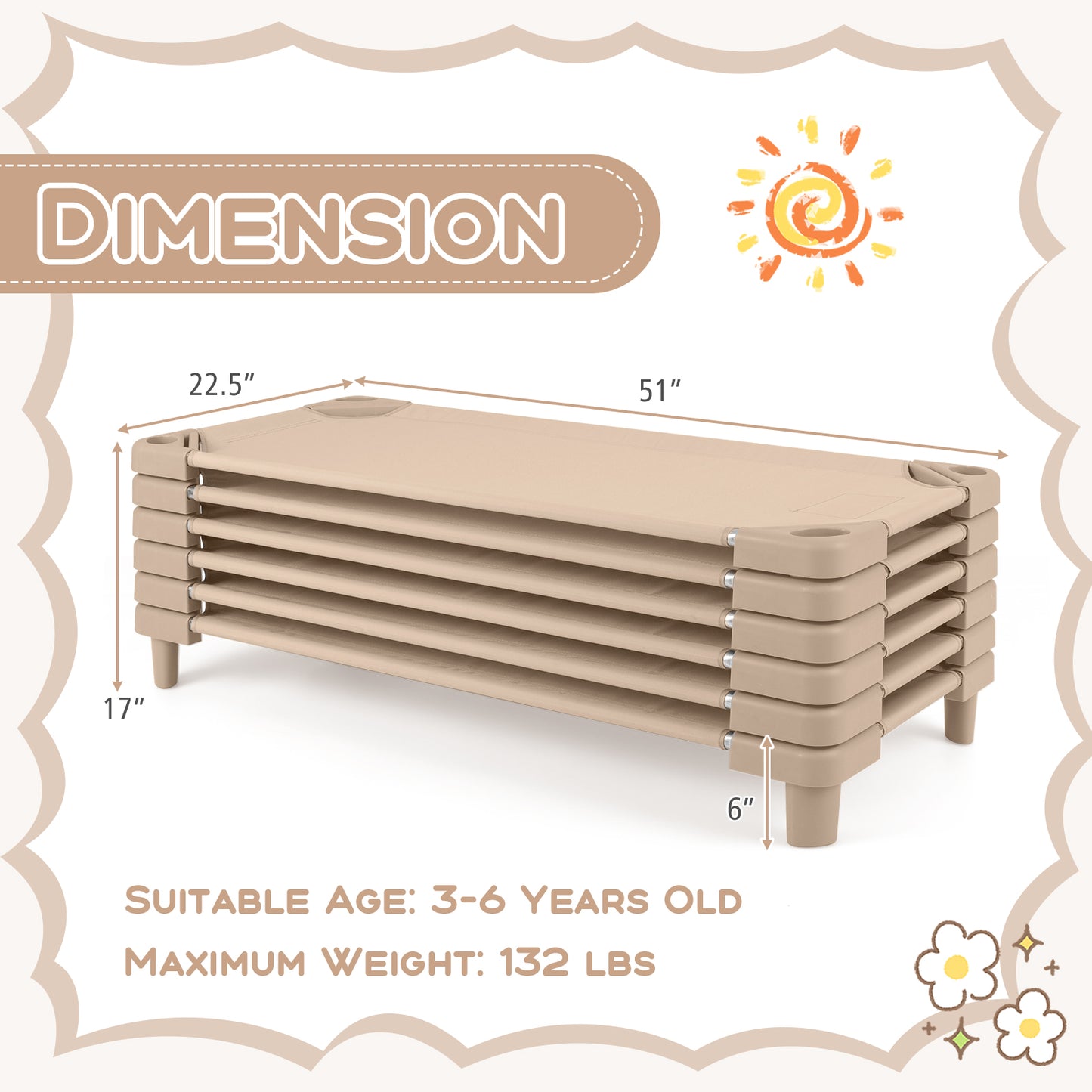 Kids Stackable Daycare Cot Pack of 6 with Detachable Oxford Cloth-Beige Kids Crystal