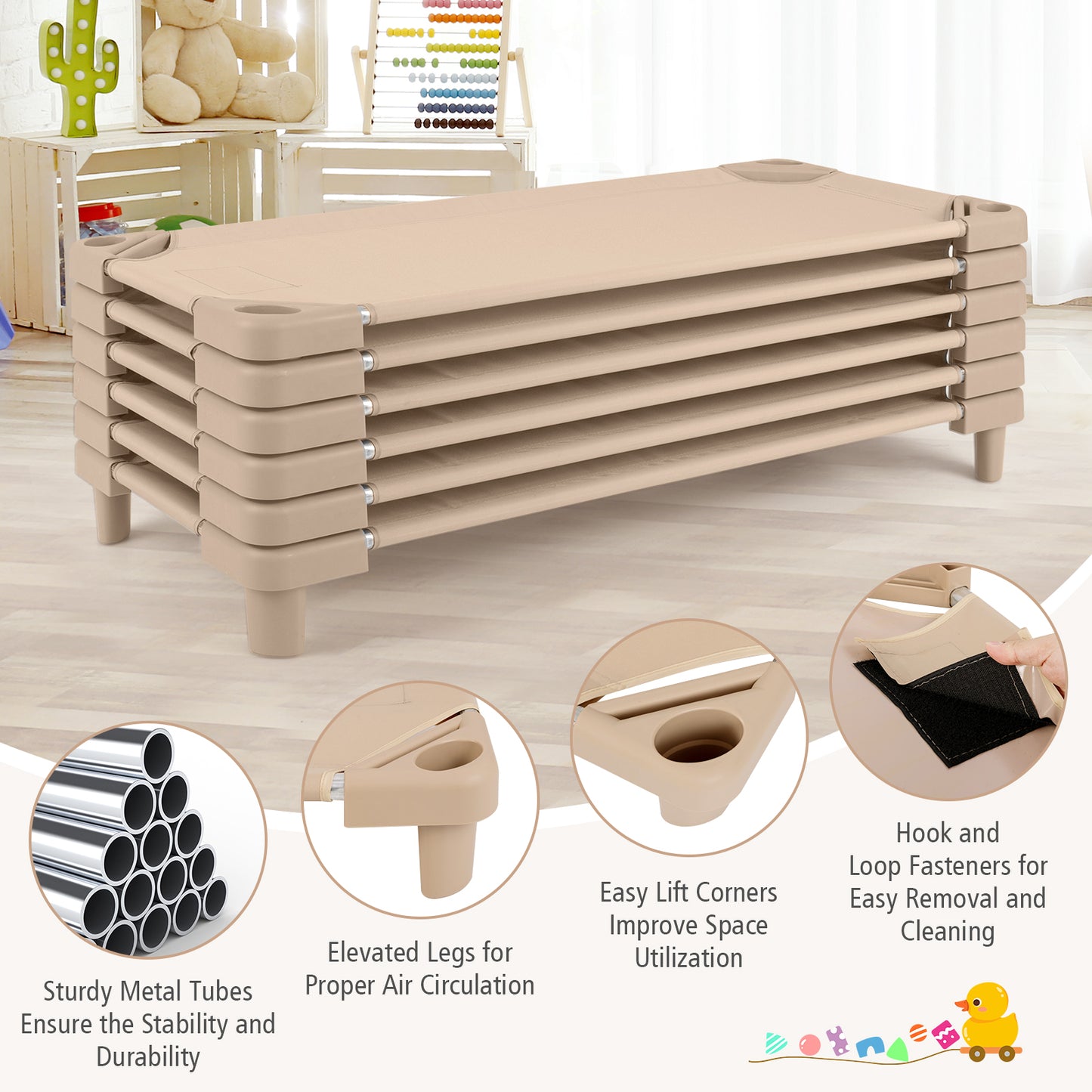 Kids Stackable Daycare Cot Pack of 6 with Detachable Oxford Cloth-Beige Kids Crystal