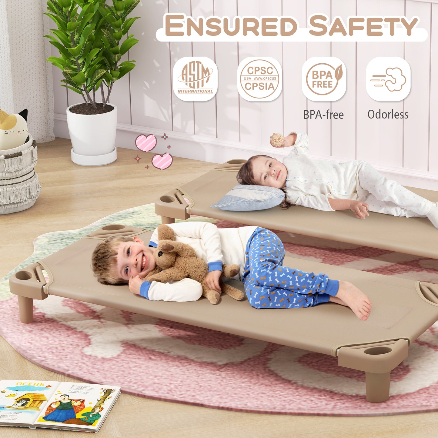 Kids Stackable Daycare Cot Pack of 6 with Detachable Oxford Cloth-Beige Kids Crystal