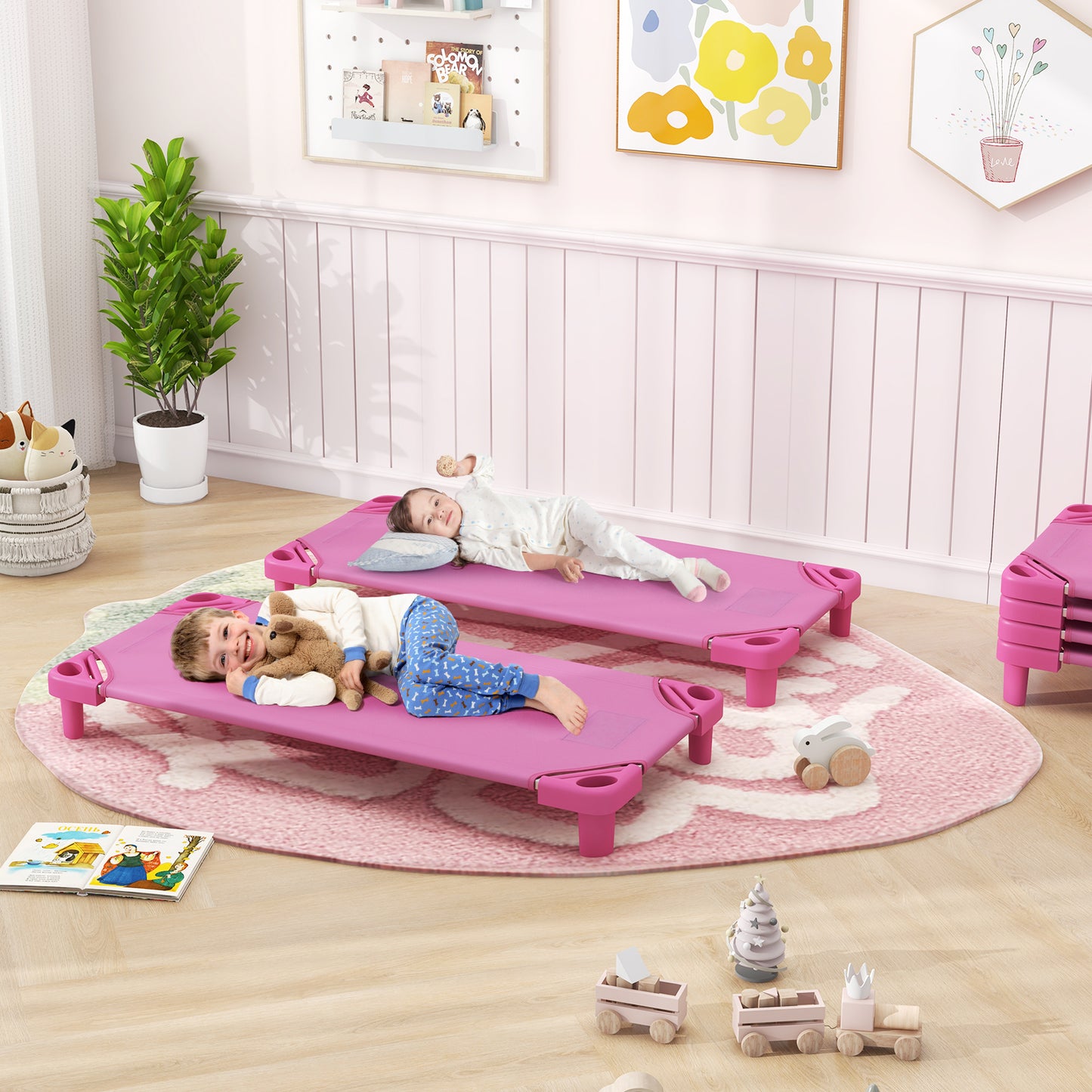 Kids Stackable Daycare Cot Pack of 6 with Detachable Oxford Cloth-Pink Kids Crystal