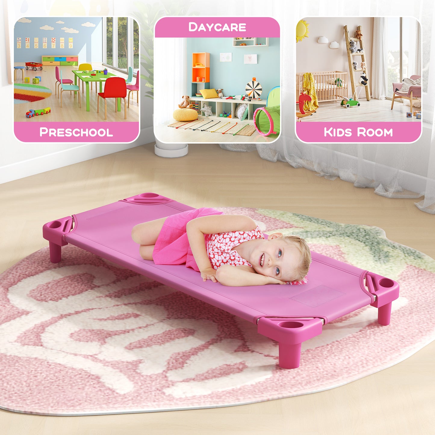 Kids Stackable Daycare Cot Pack of 6 with Detachable Oxford Cloth-Pink Kids Crystal