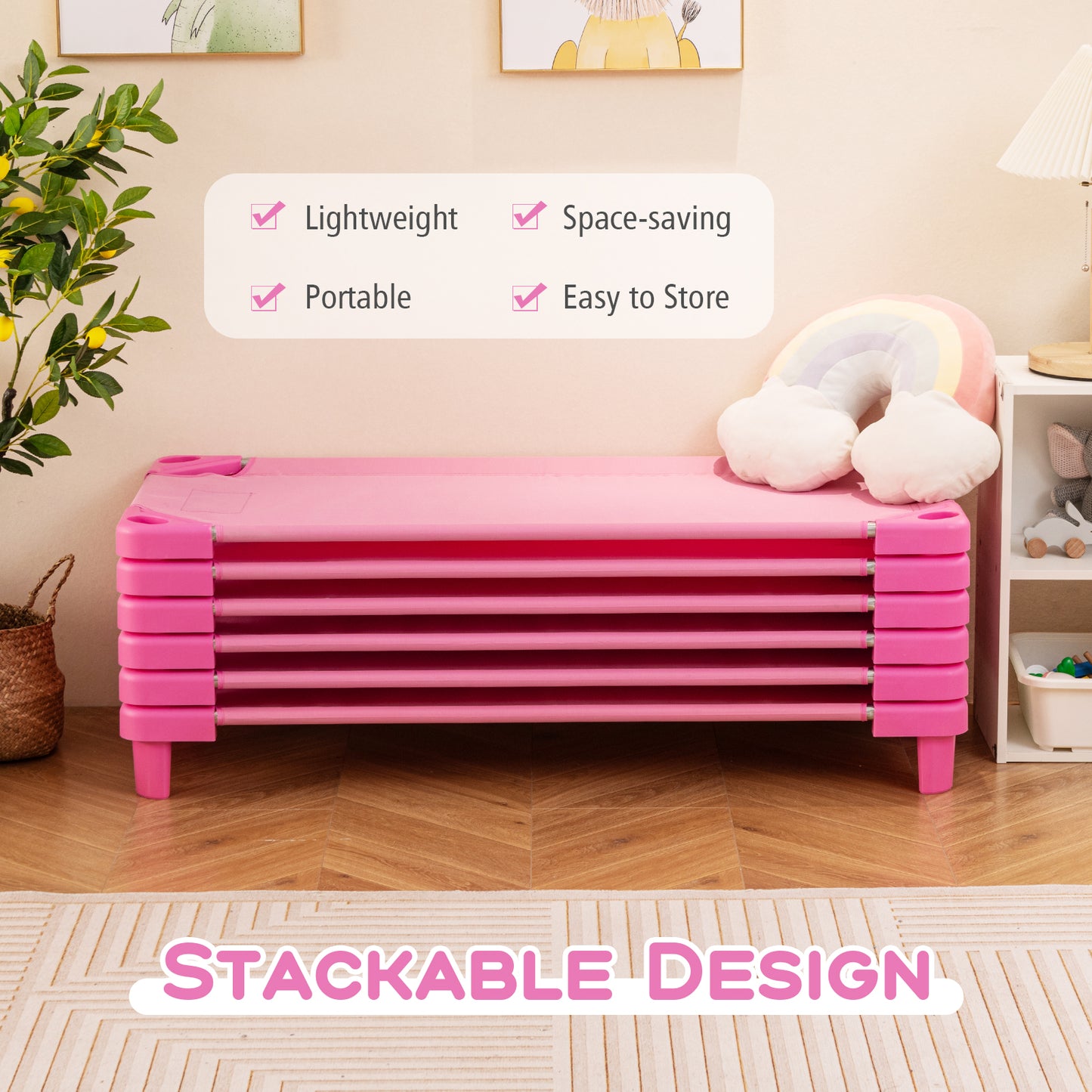 Kids Stackable Daycare Cot Pack of 6 with Detachable Oxford Cloth-Pink Kids Crystal