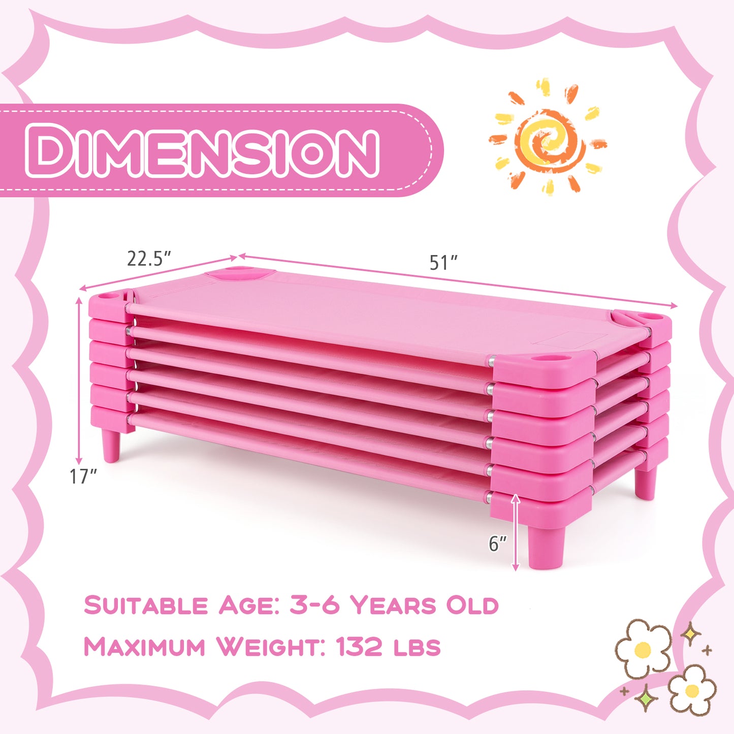 Kids Stackable Daycare Cot Pack of 6 with Detachable Oxford Cloth-Pink Kids Crystal