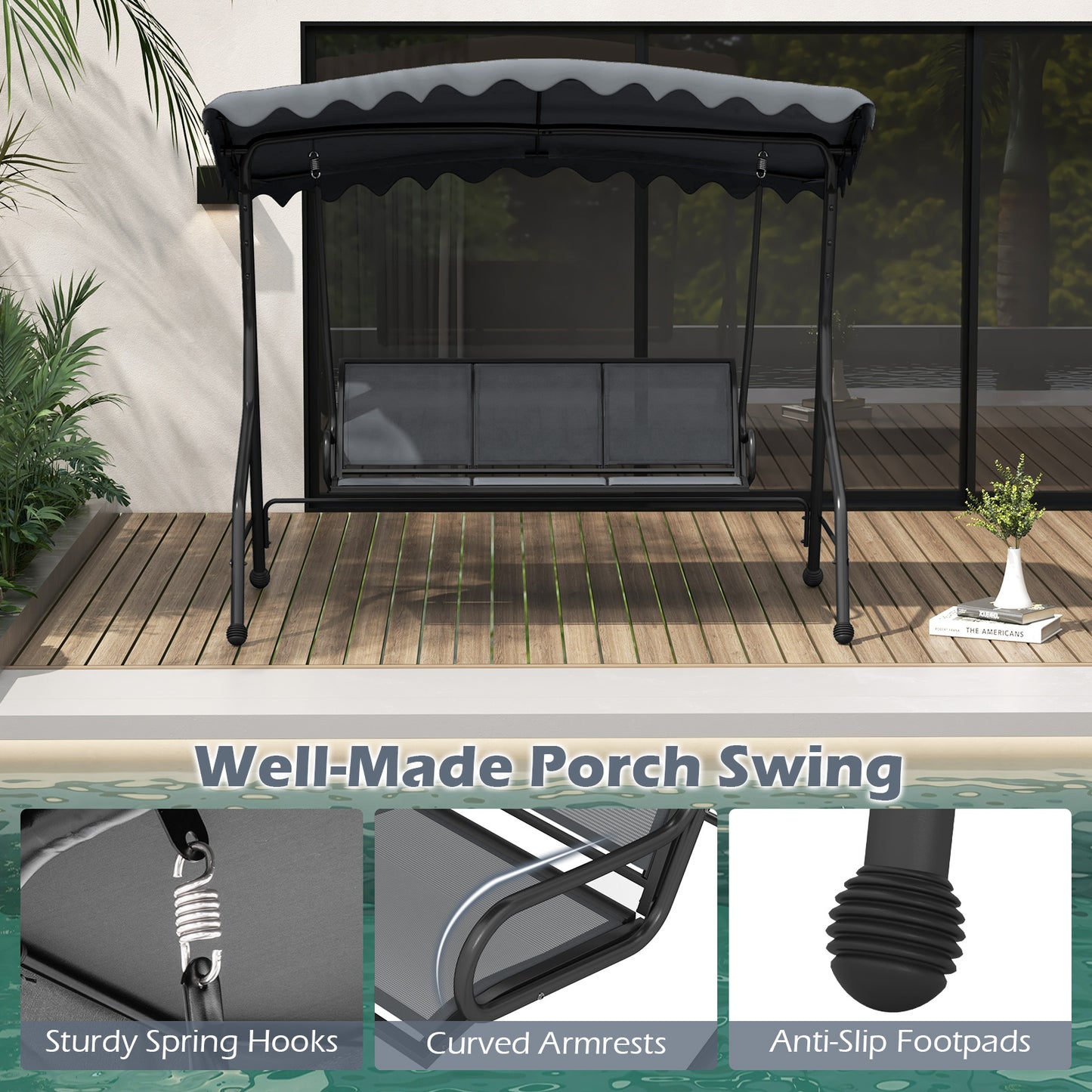 3-Seat Outdoor Porch Canopy Swing with Adjustable Shading-Gray Kids Crystal