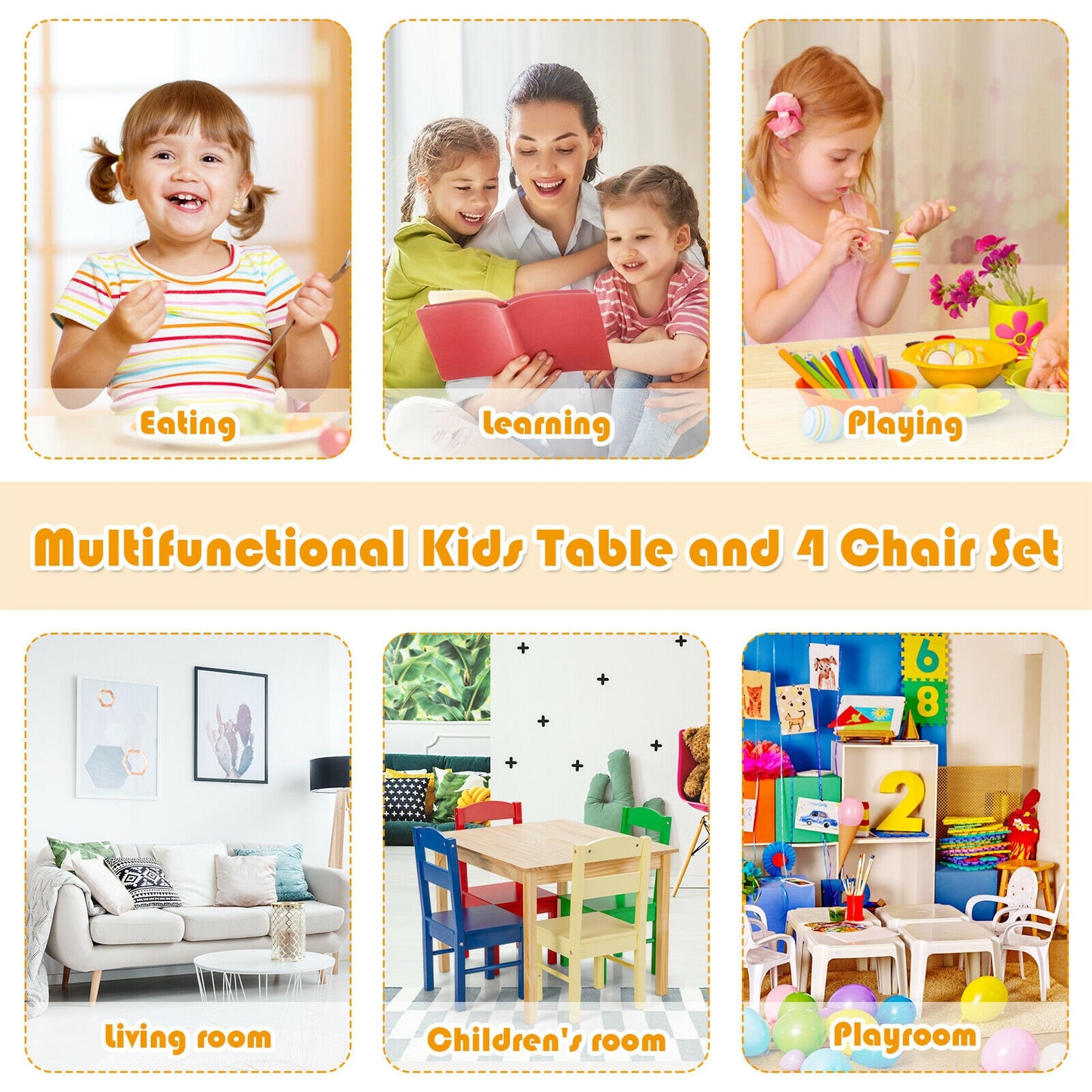 5 Pieces Kids Pine Wood Multicolor Table Chair Set-Multicolor Kids Crystal