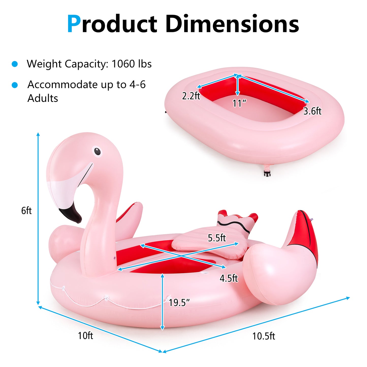 6 People Inflatable Flamingo Floating Island with 6 Cup Holders for Pool and River Kids Crystal