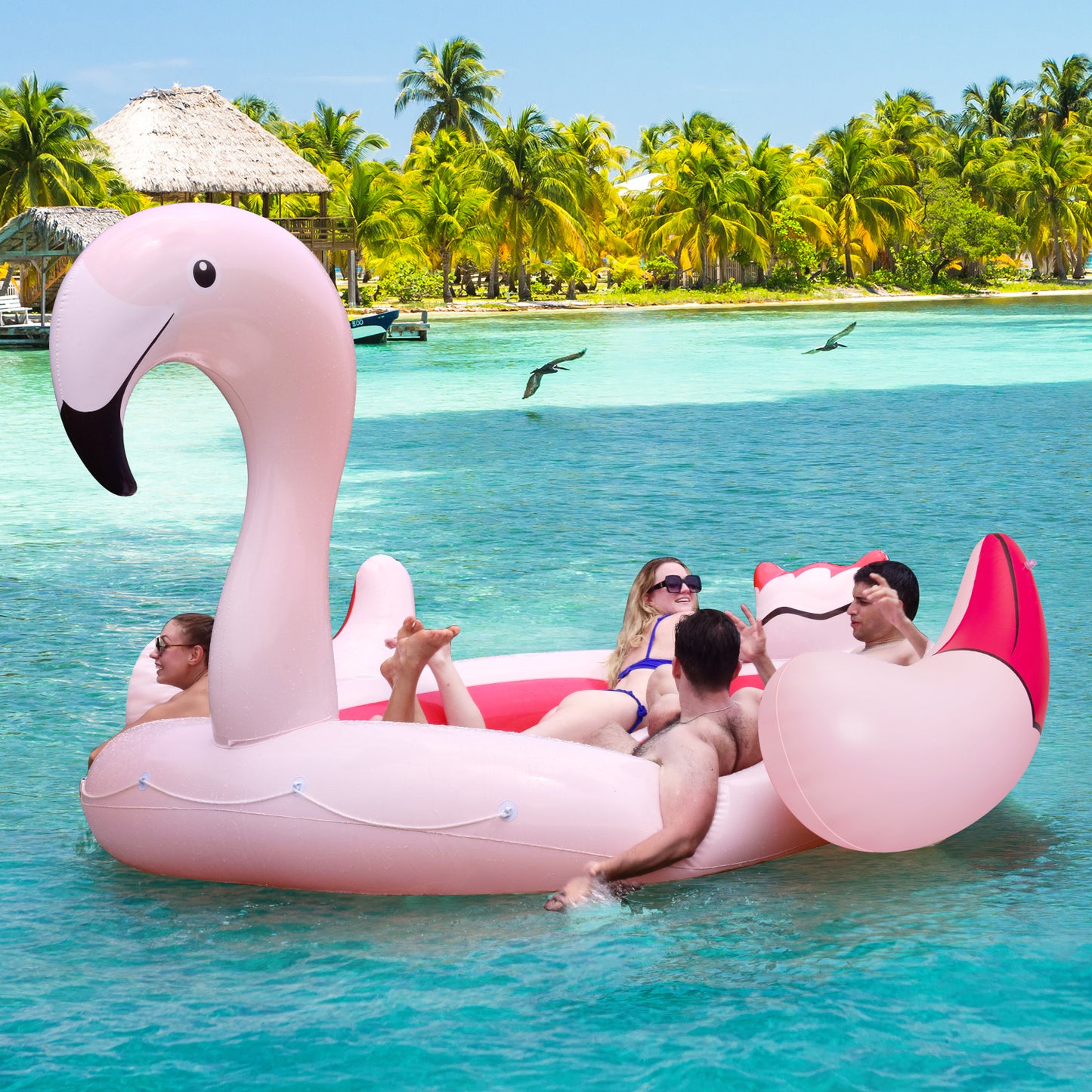 6 People Inflatable Flamingo Floating Island with 6 Cup Holders for Pool and River Kids Crystal