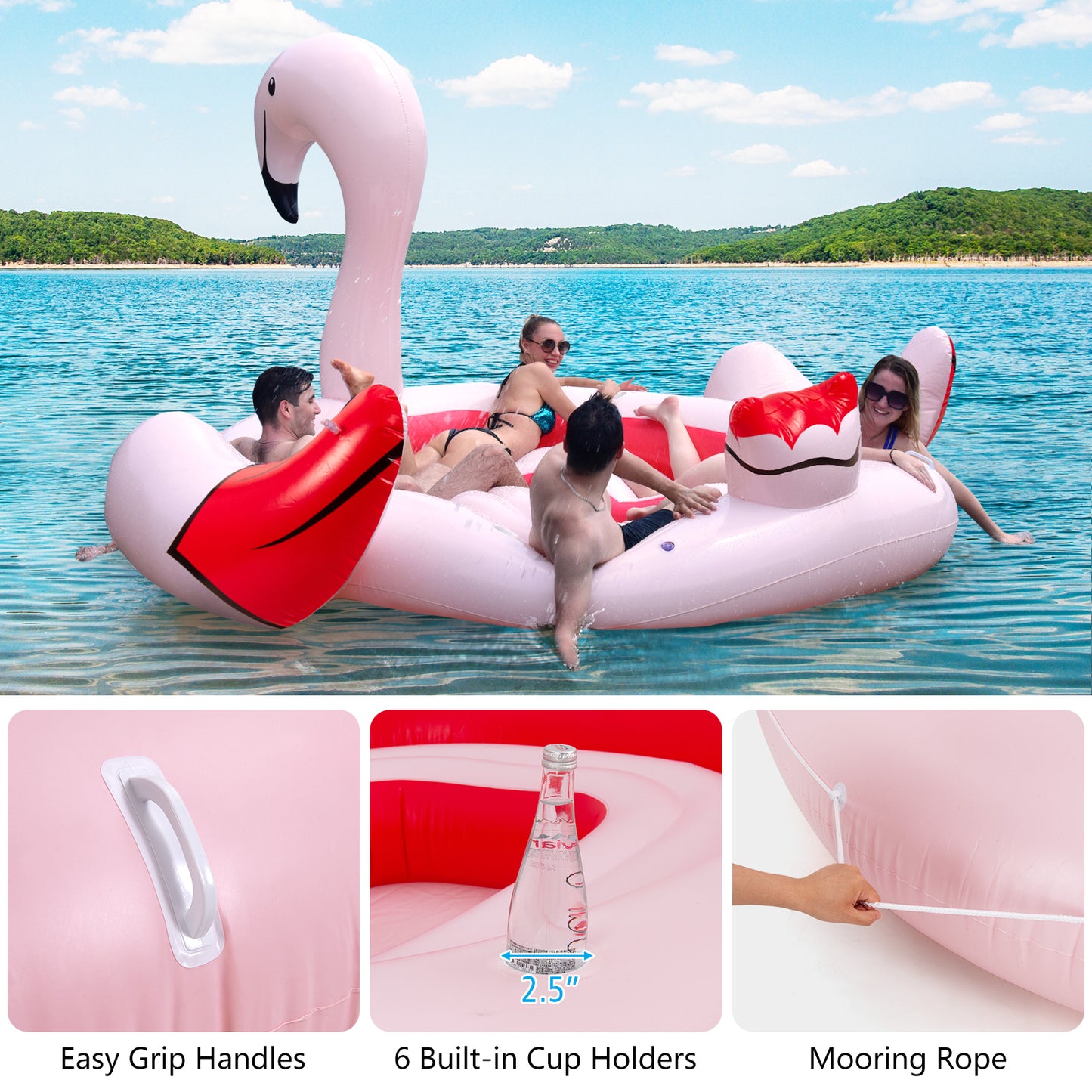 6 People Inflatable Flamingo Floating Island with 6 Cup Holders for Pool and River Kids Crystal