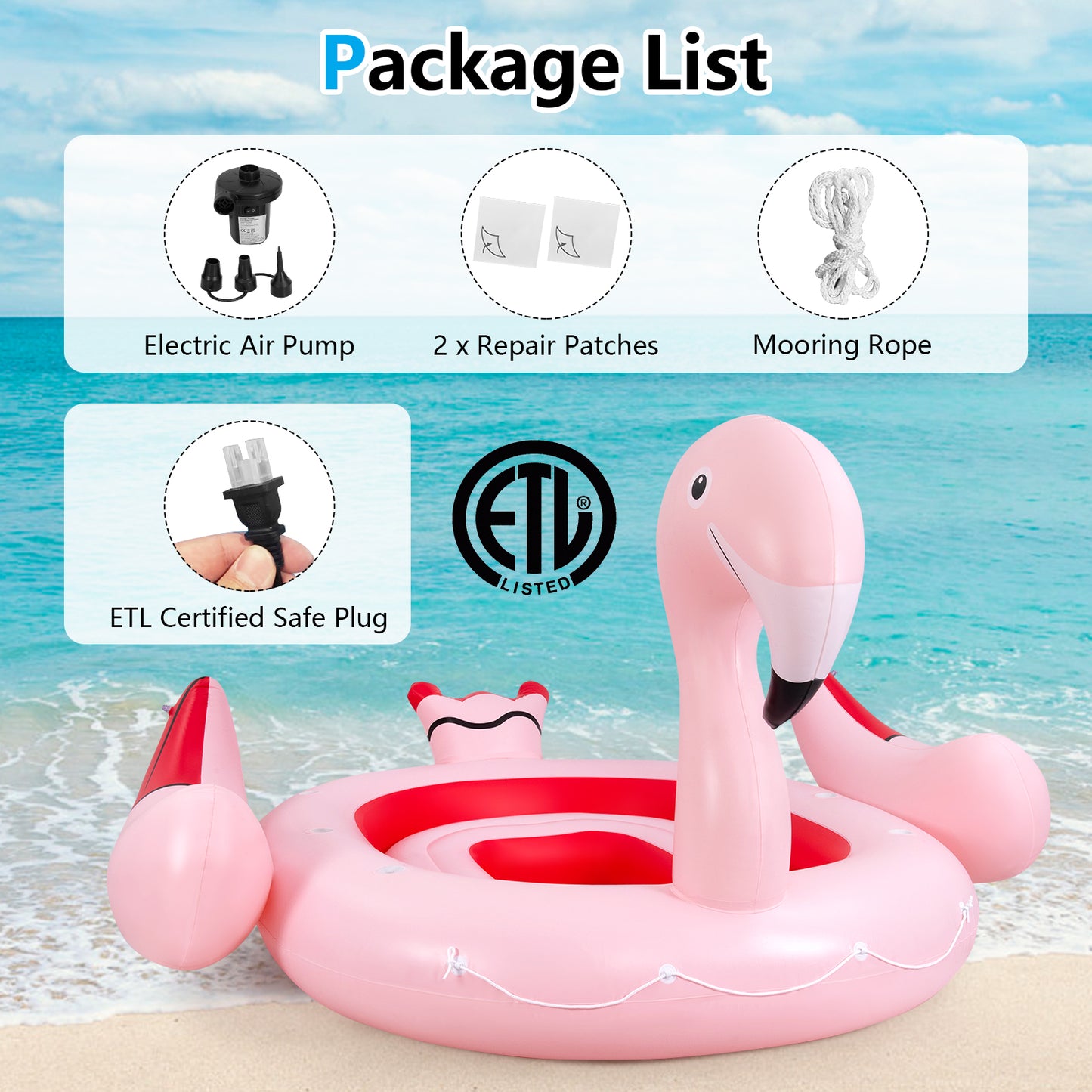 6 People Inflatable Flamingo Floating Island with 6 Cup Holders for Pool and River Kids Crystal