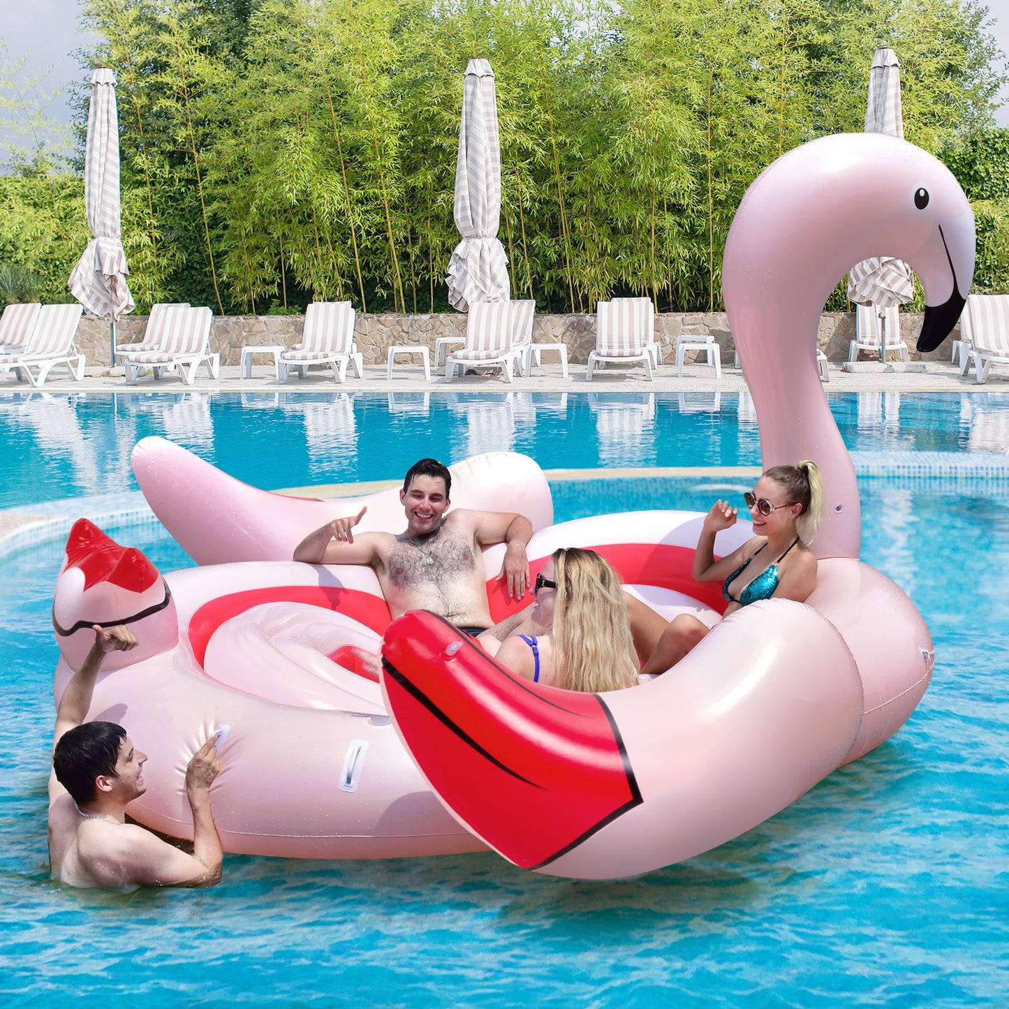 6 People Inflatable Flamingo Floating Island with 6 Cup Holders for Pool and River Kids Crystal