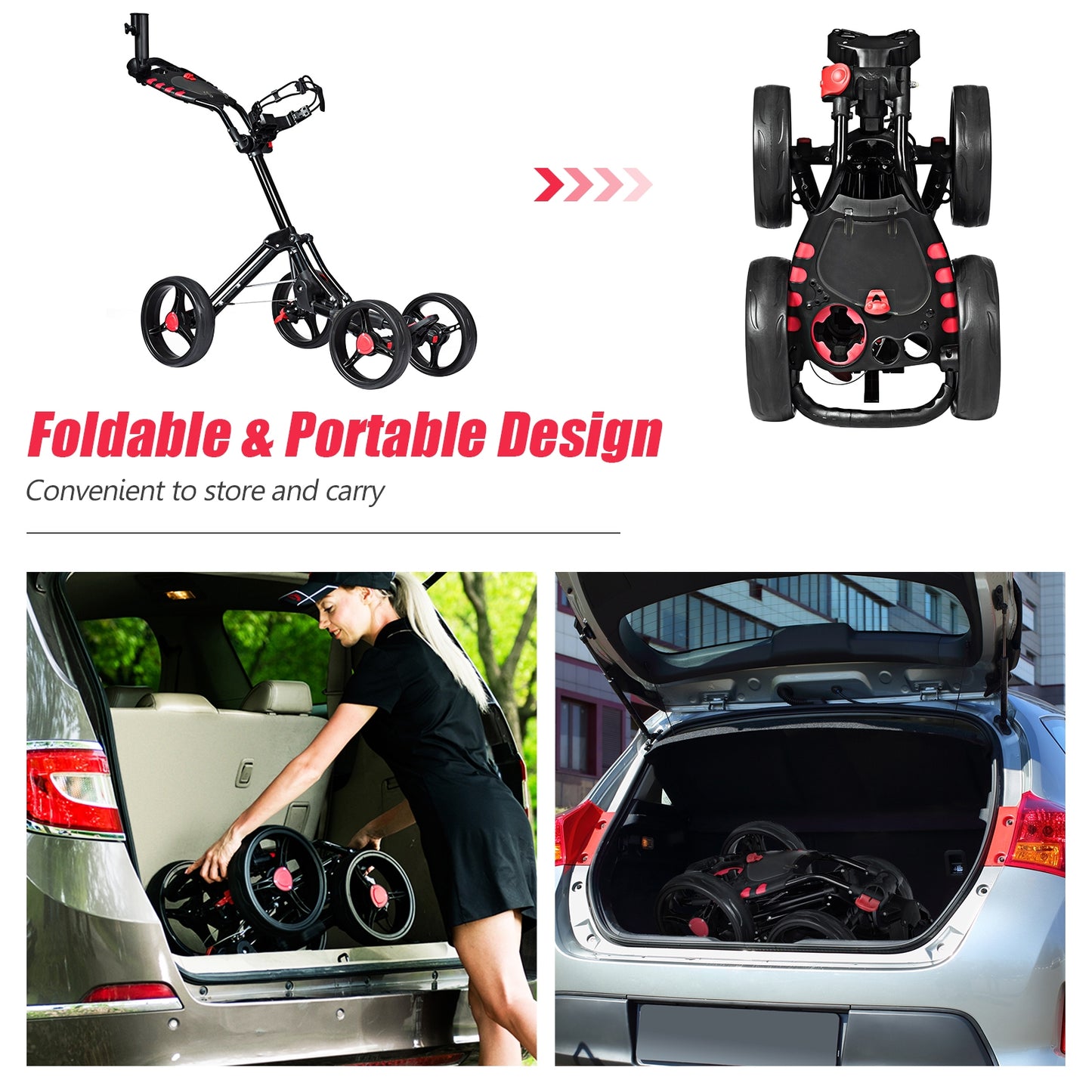 4 Wheel Folding Golf Pull Push Cart Trolley Kids Crystal