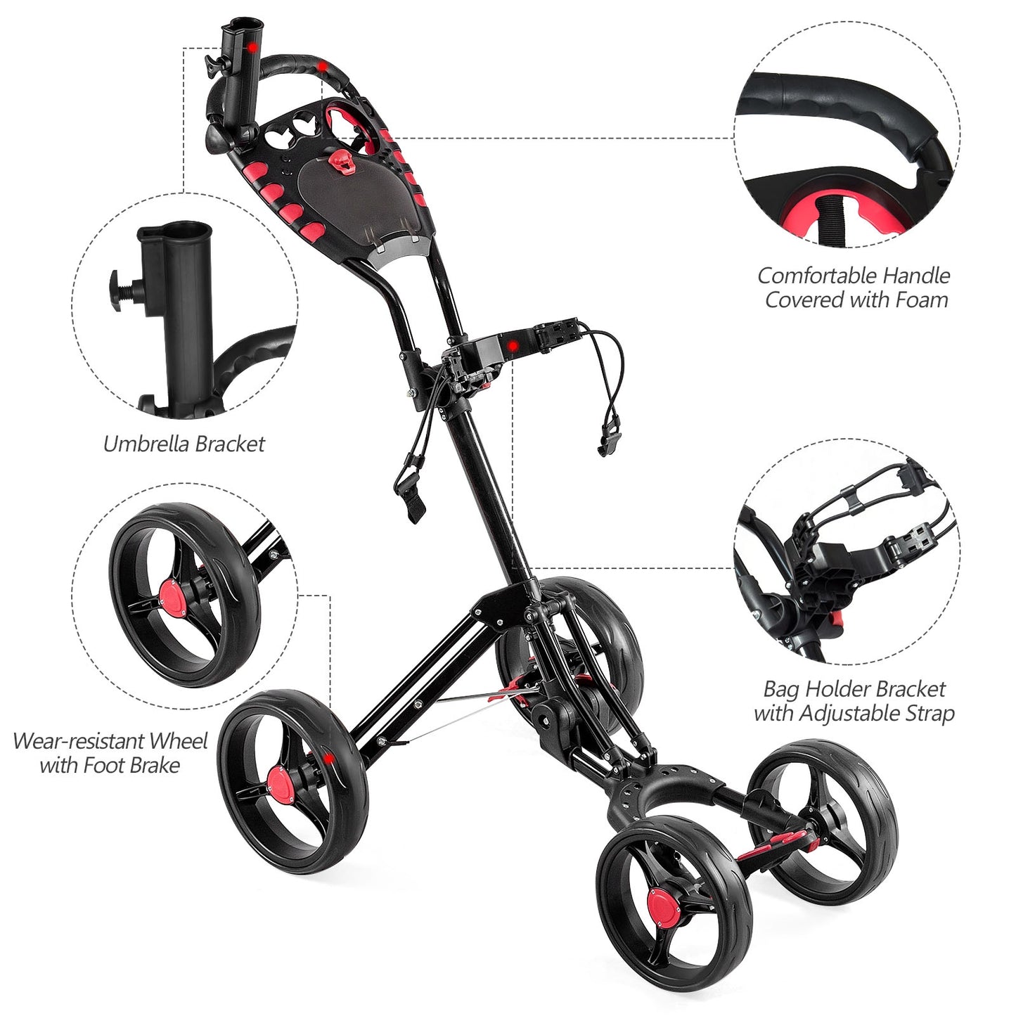 4 Wheel Folding Golf Pull Push Cart Trolley Kids Crystal