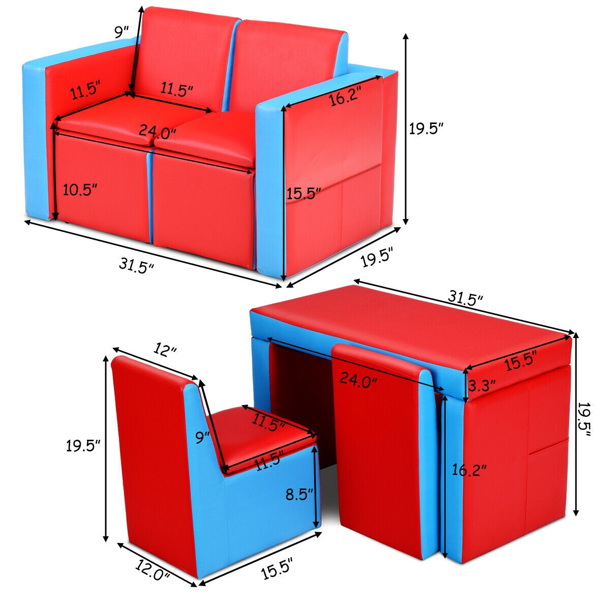 Multi-functional Kids Sofa Table Chair Set Kids Crystal