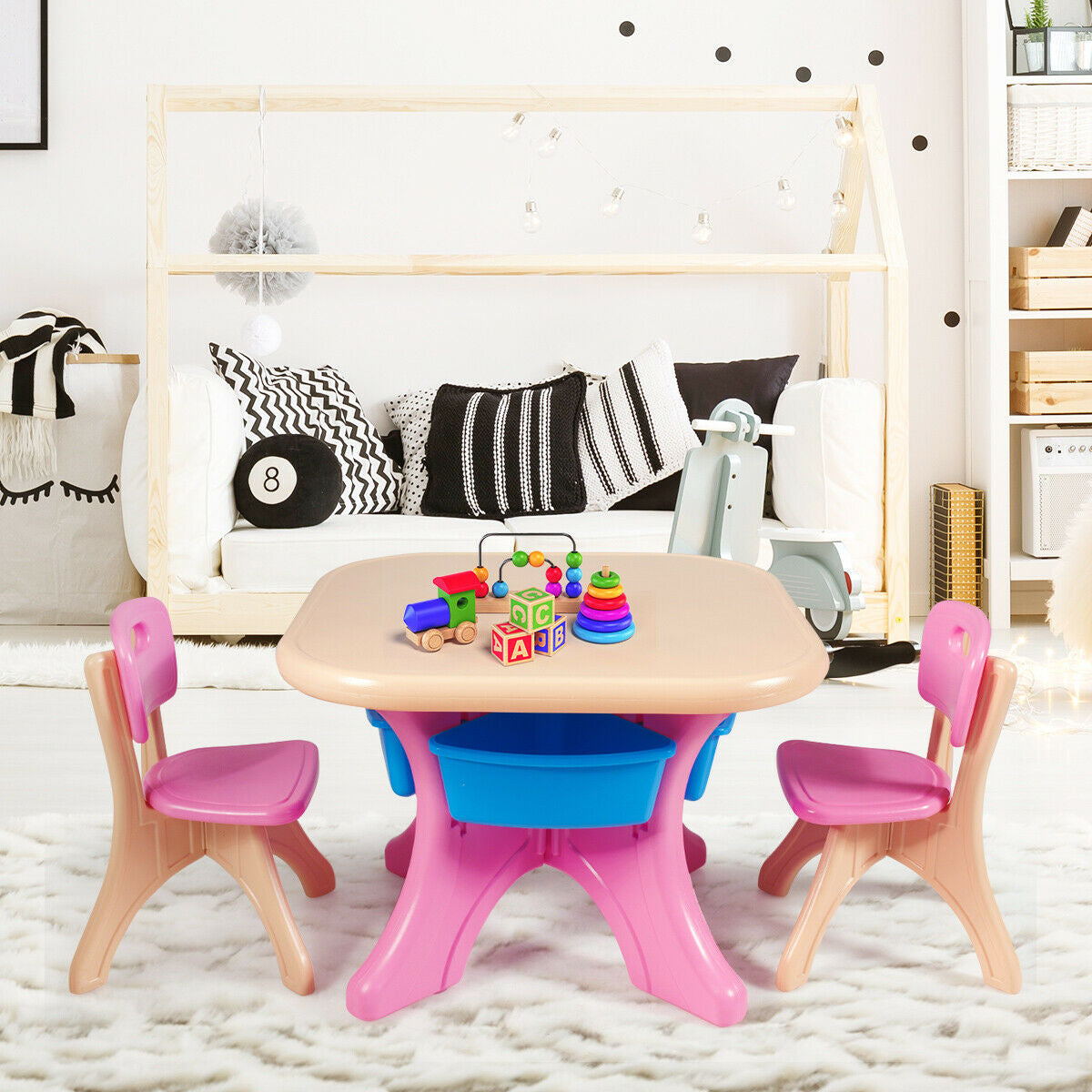 In/Outdoor 3-Piece Plastic Children Play Table & Chair Set-Pink Kids Crystal