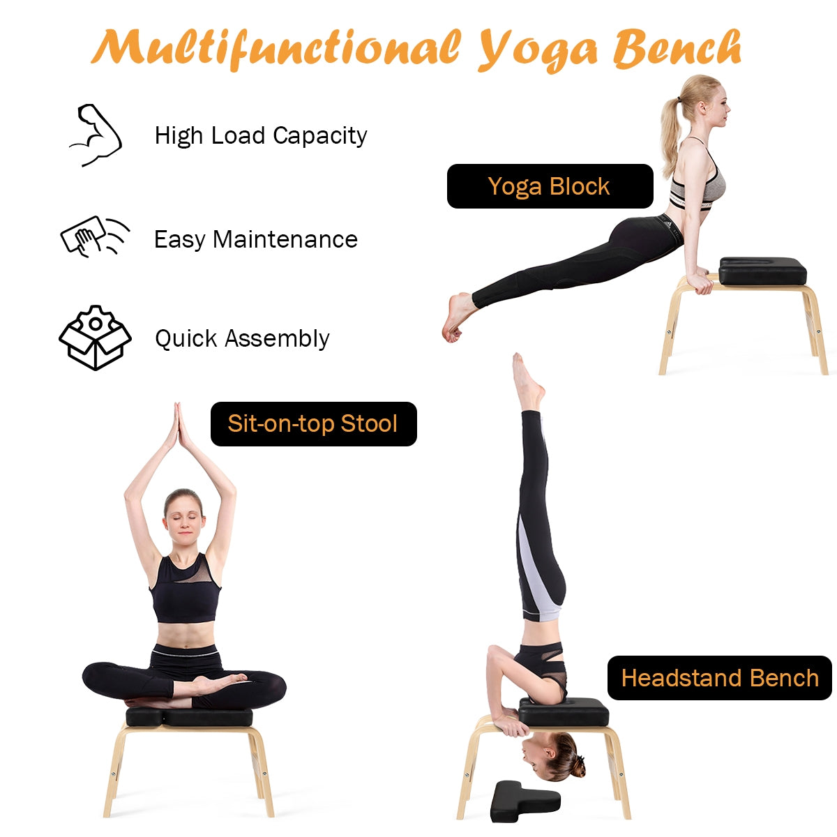 Yoga Headstand Wood Stool with PVC Pads-Black Kids Crystal