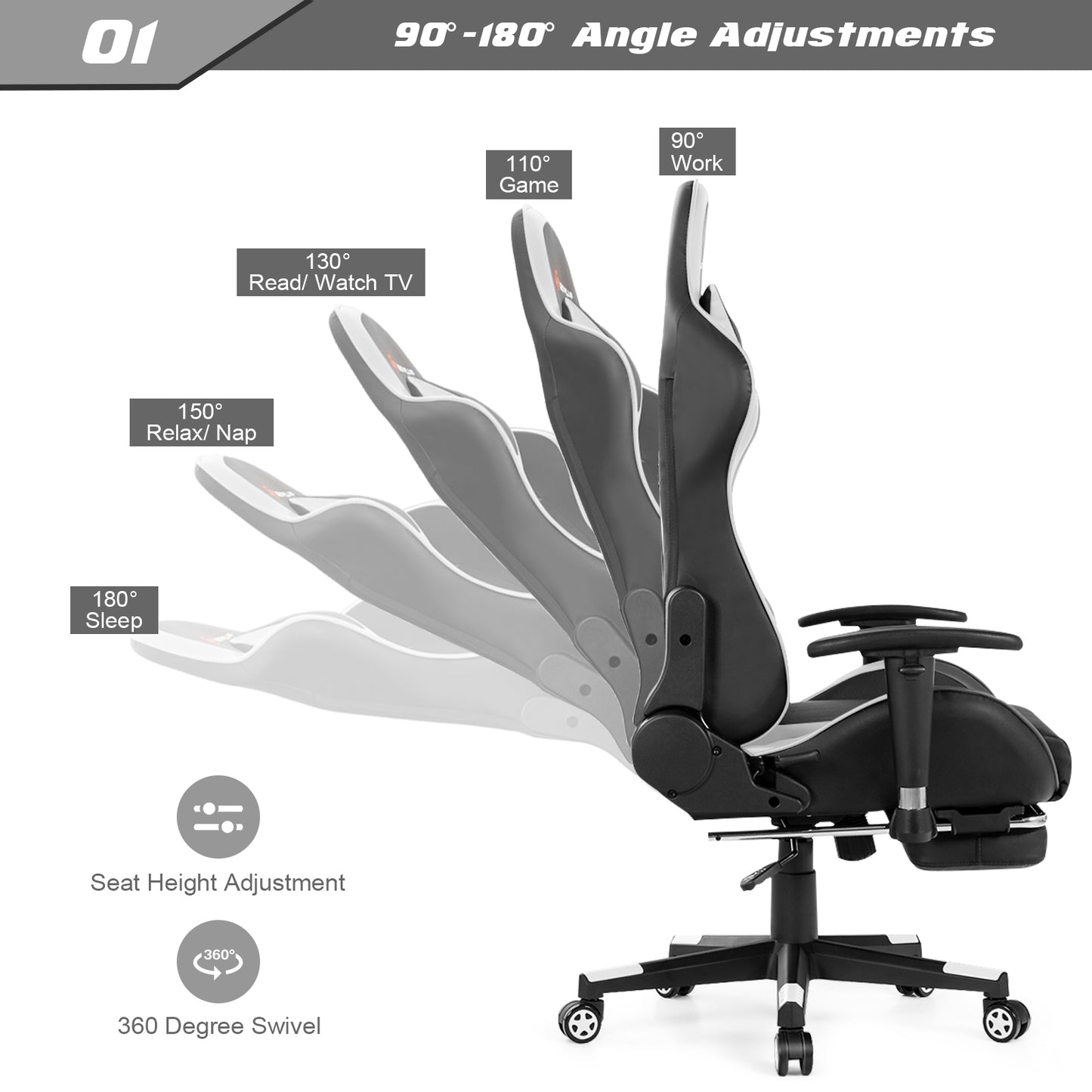 Massage Gaming Chair with Footrest-White Kids Crystal