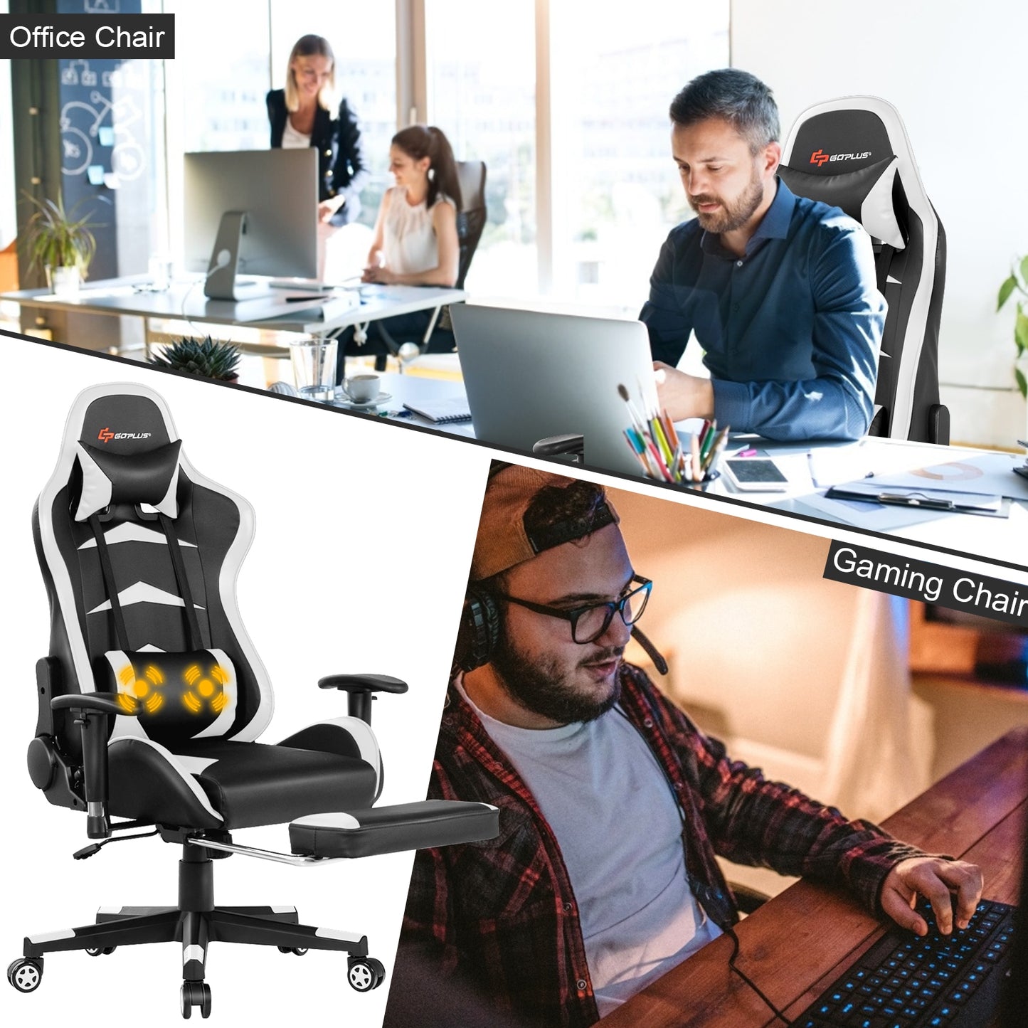 Massage Gaming Chair with Footrest-White Kids Crystal
