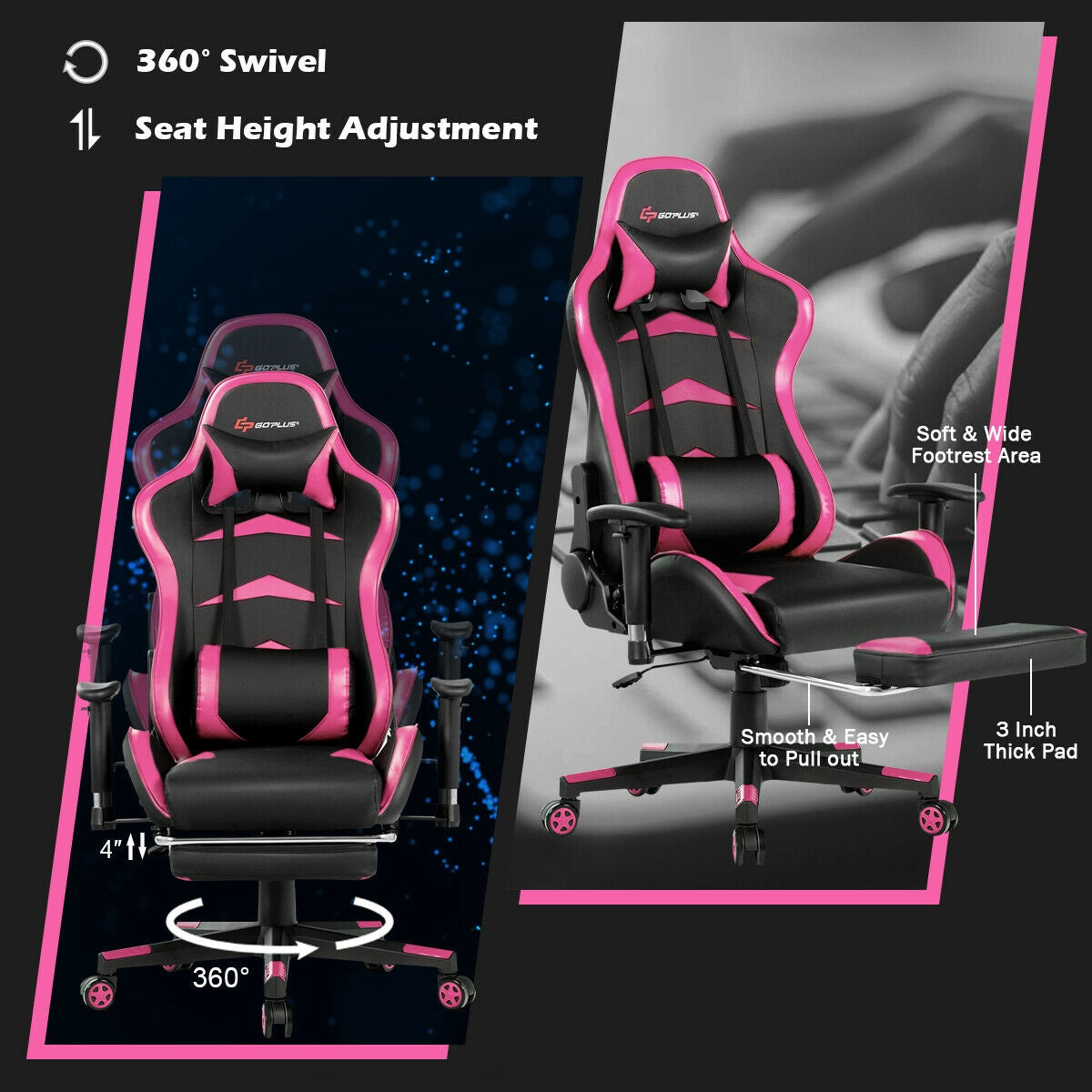 Massage Gaming Chair with Footrest-Pink Kids Crystal