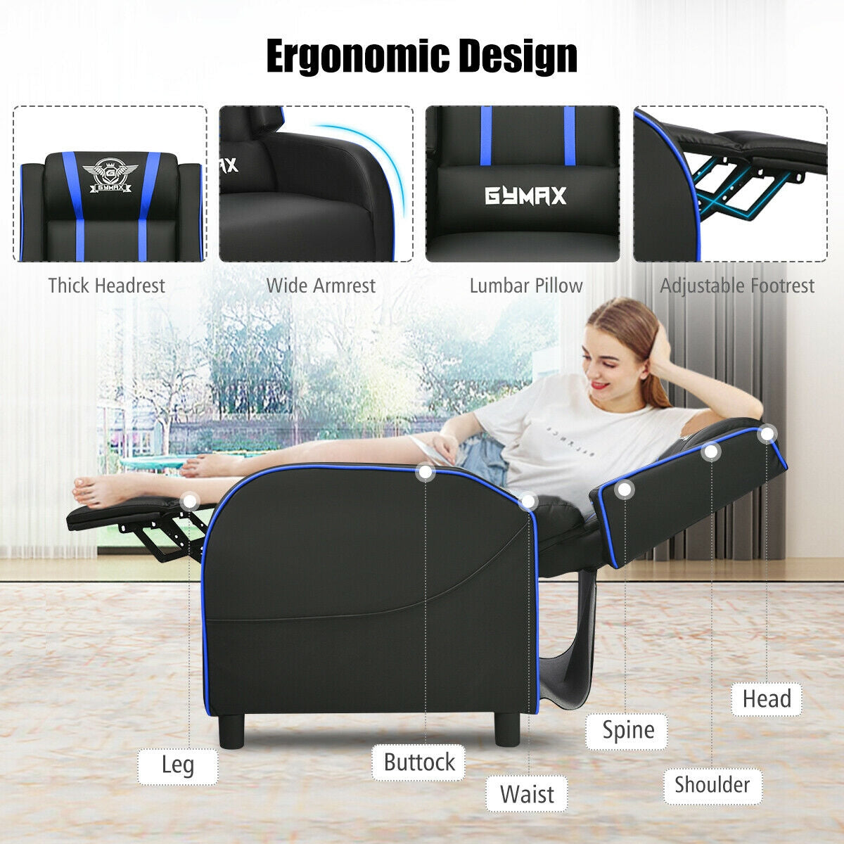 Massage Racing Gaming Single Recliner Chair-Blue Kids Crystal