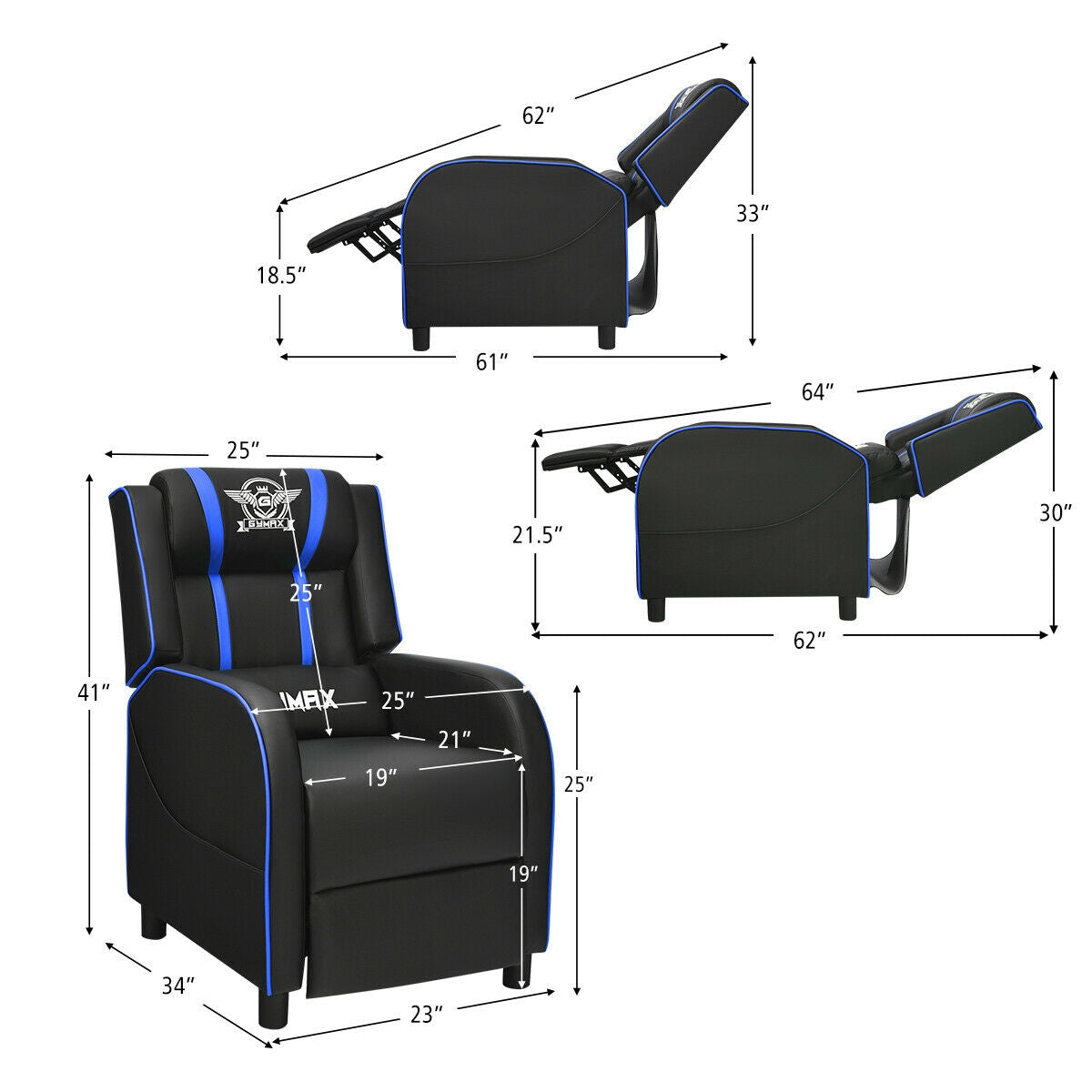 Massage Racing Gaming Single Recliner Chair-Blue Kids Crystal