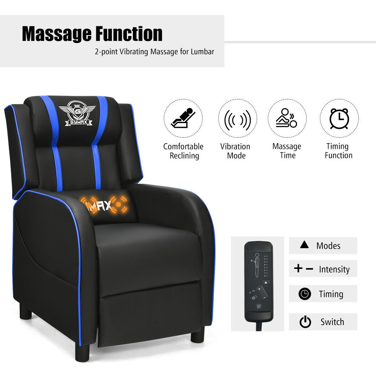 Massage Racing Gaming Single Recliner Chair-Blue Kids Crystal