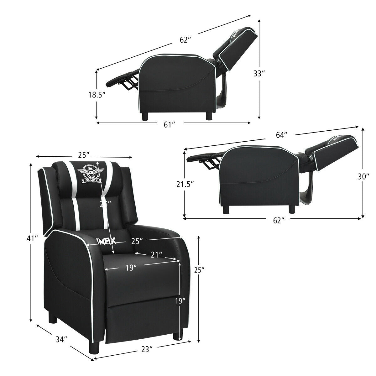 Massage Racing Gaming Single Recliner Chair-White Kids Crystal