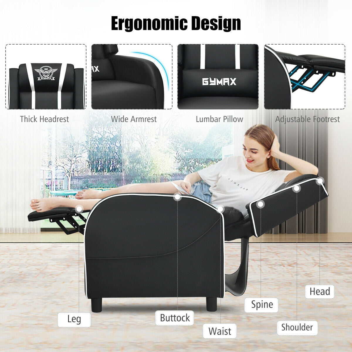 Massage Racing Gaming Single Recliner Chair-White Kids Crystal