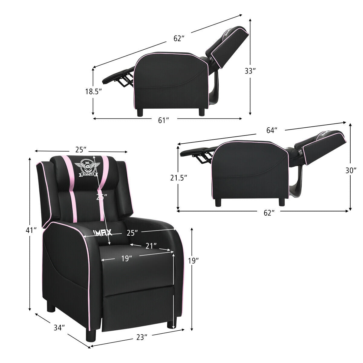 Massage Racing Gaming Single Recliner Chair-Pink Kids Crystal