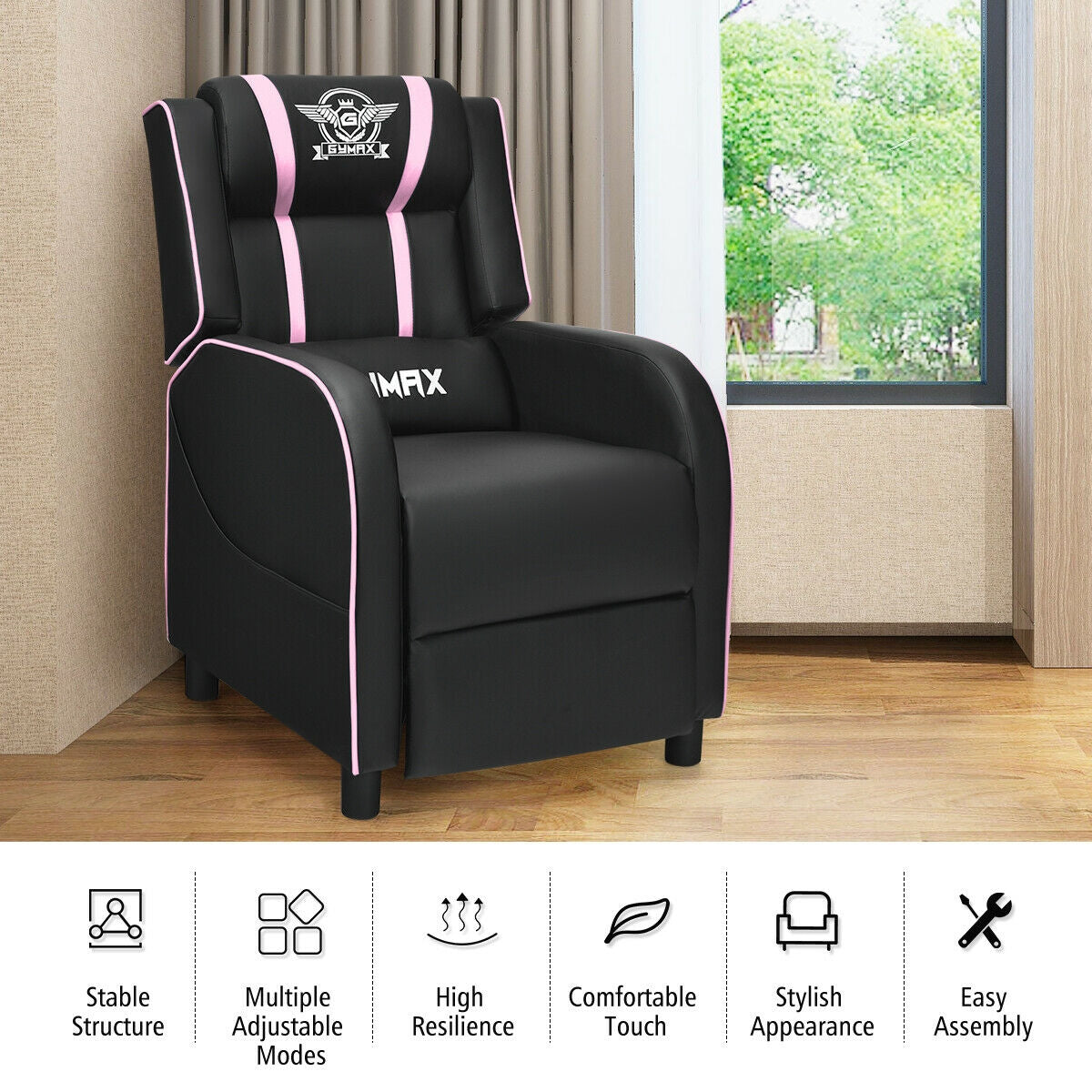 Massage Racing Gaming Single Recliner Chair-Pink Kids Crystal
