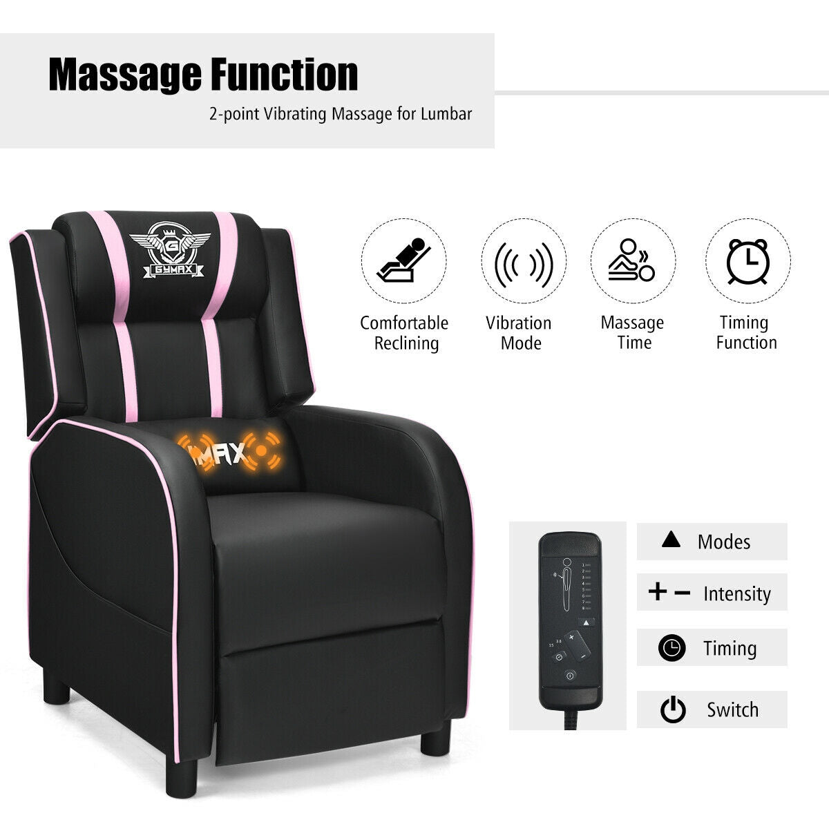 Massage Racing Gaming Single Recliner Chair-Pink Kids Crystal