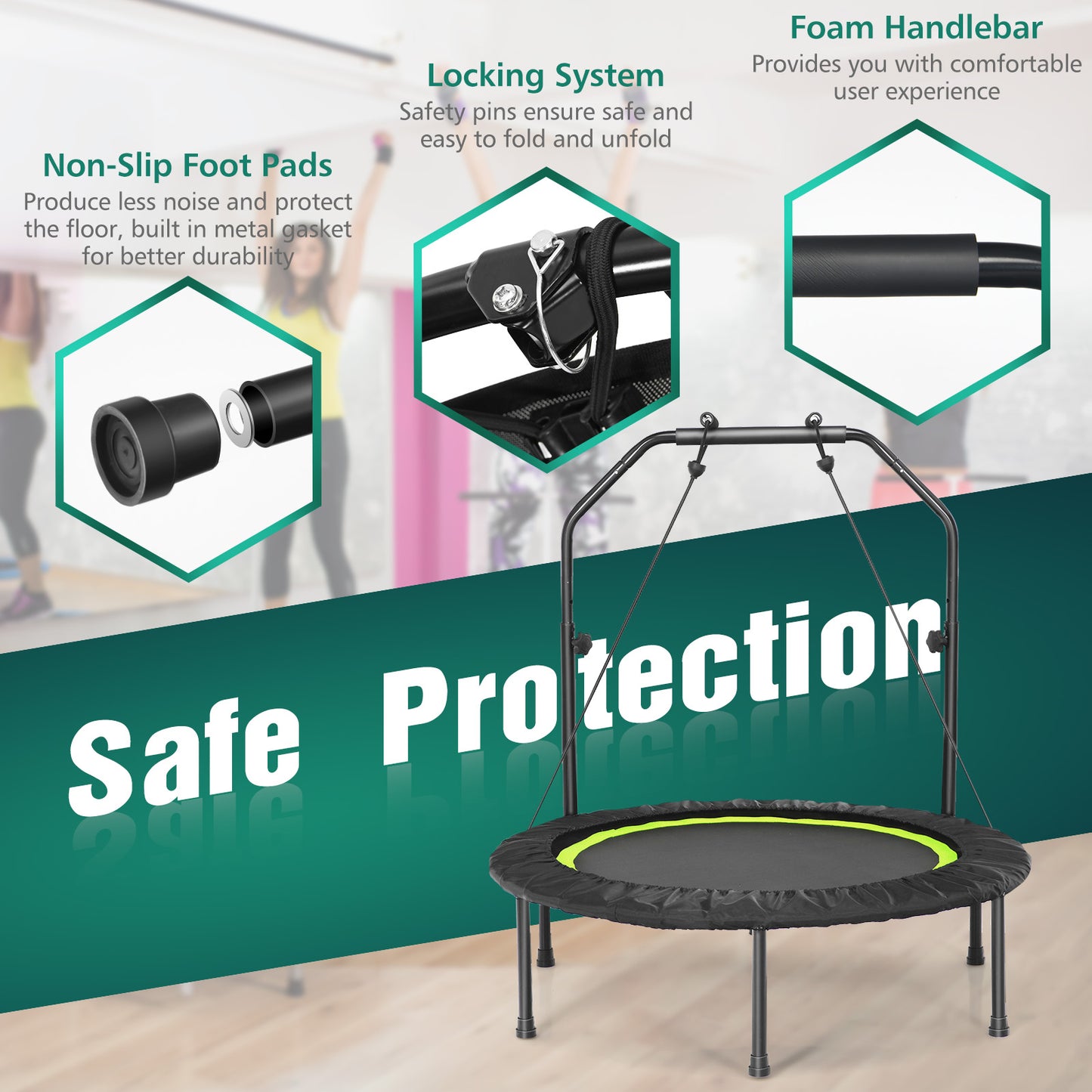 40 Inch Foldable Fitness Rebounder with Resistance Bands Adjustable Home-Green Kids Crystal