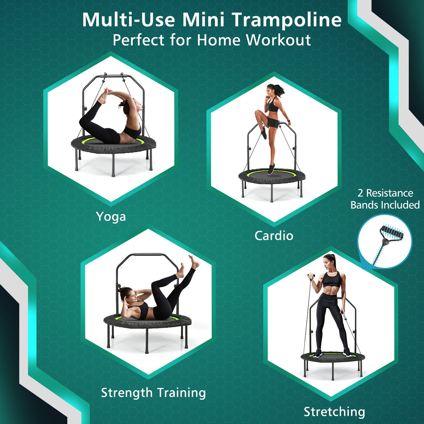 40 Inch Foldable Fitness Rebounder with Resistance Bands Adjustable Home-Green Kids Crystal