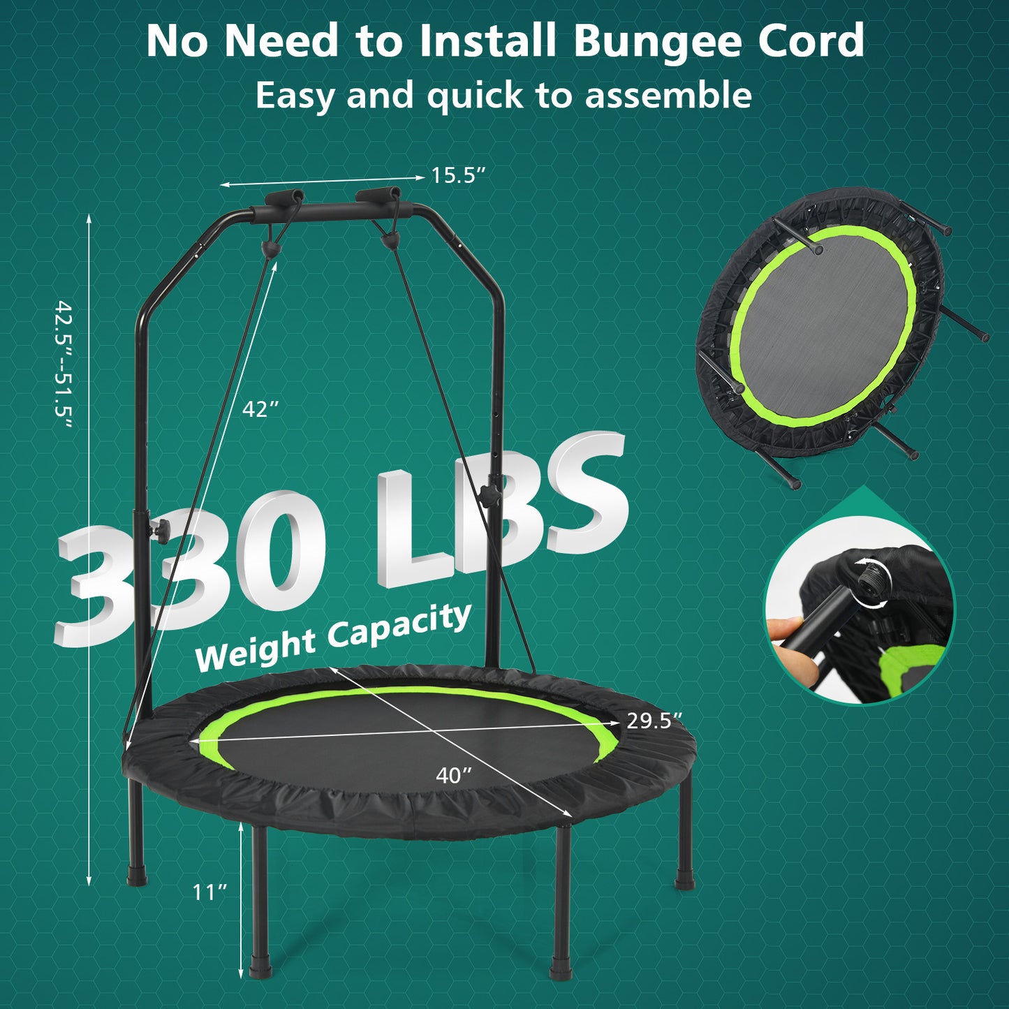 40 Inch Foldable Fitness Rebounder with Resistance Bands Adjustable Home-Green Kids Crystal