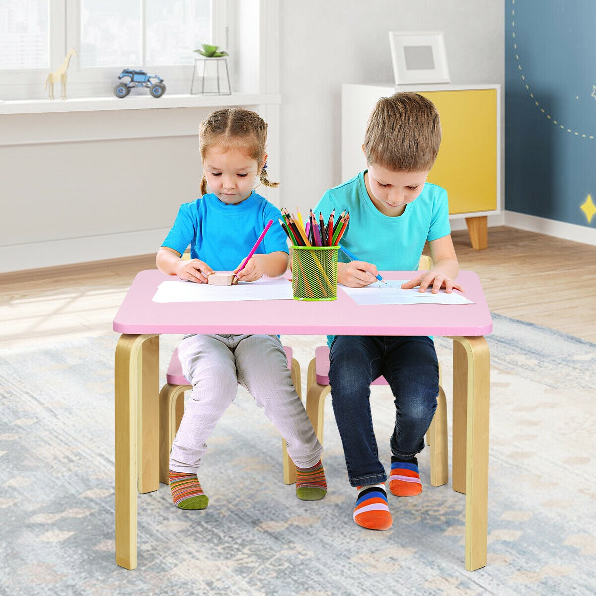 3 Piece Kids Wooden Activity Table and 2 Chairs Set-Pink Kids Crystal