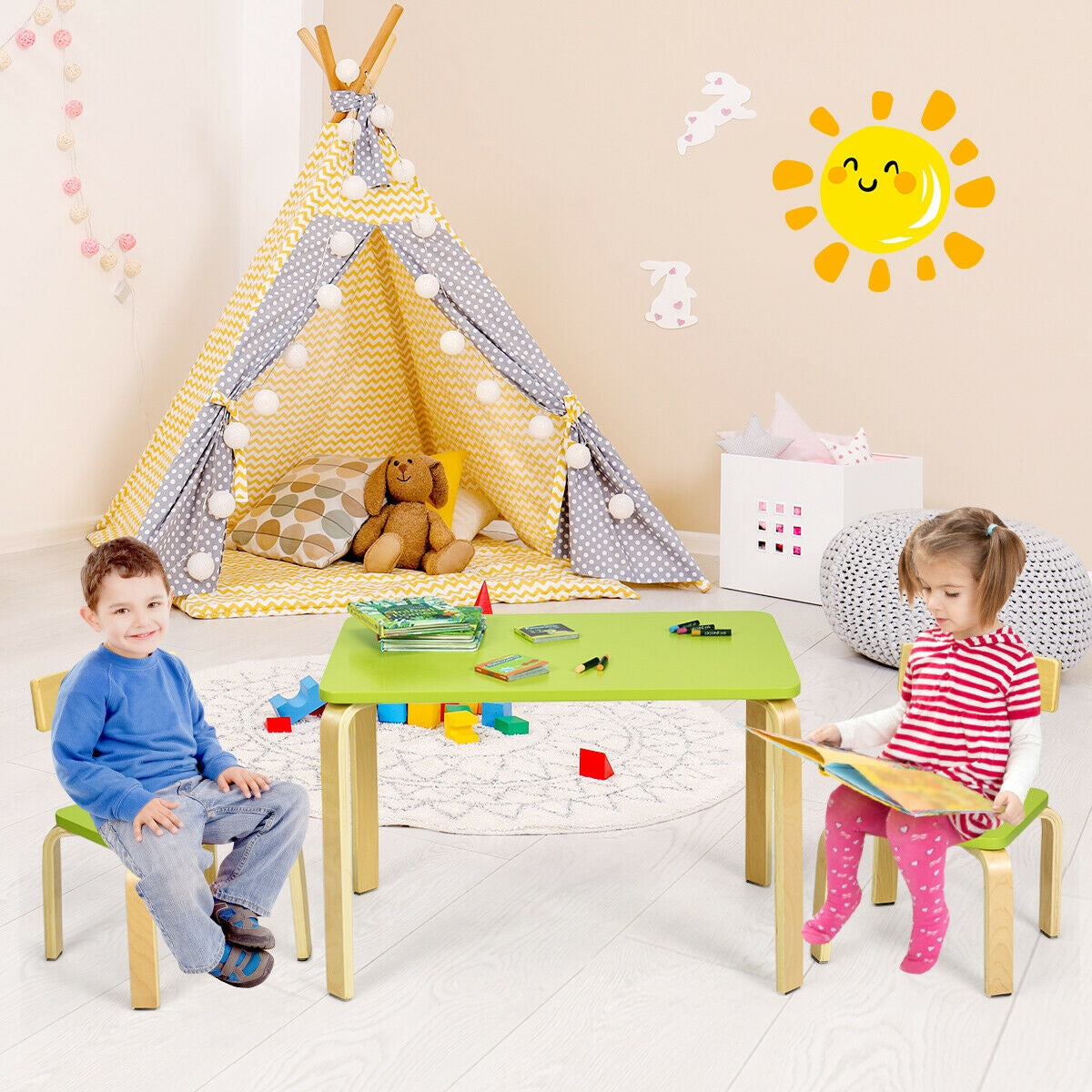3 Piece Kids Wooden Activity Table and 2 Chairs Set-Green Kids Crystal